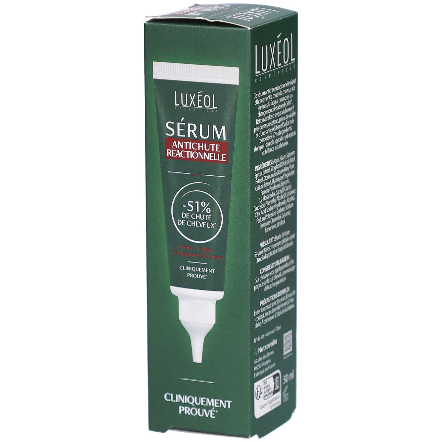 Boîte verte avec sérum antichute. -51% de chute de cheveux. Cliniquement prouvé. Dos avec informations.