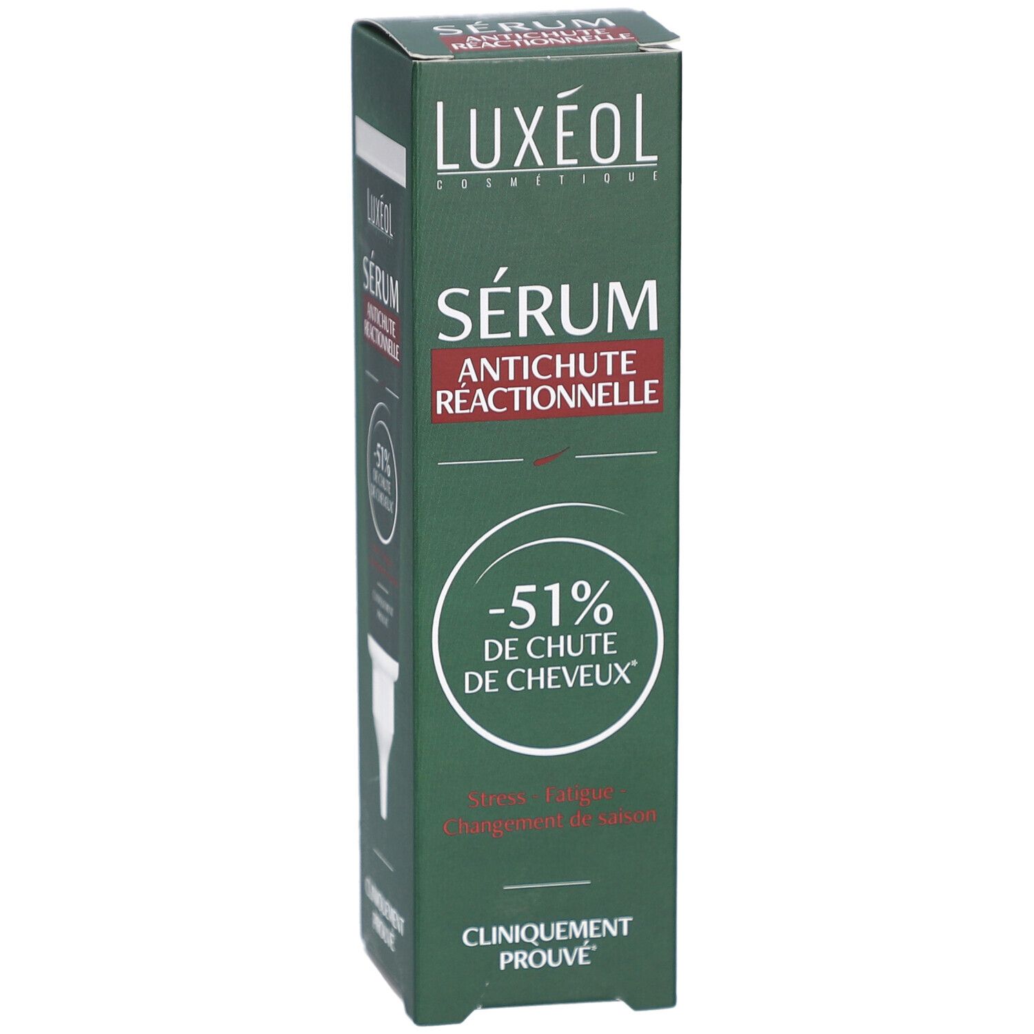 Boîte verte avec sérum antichute. -51% de chute de cheveux. Cliniquement prouvé. Vue du produit.