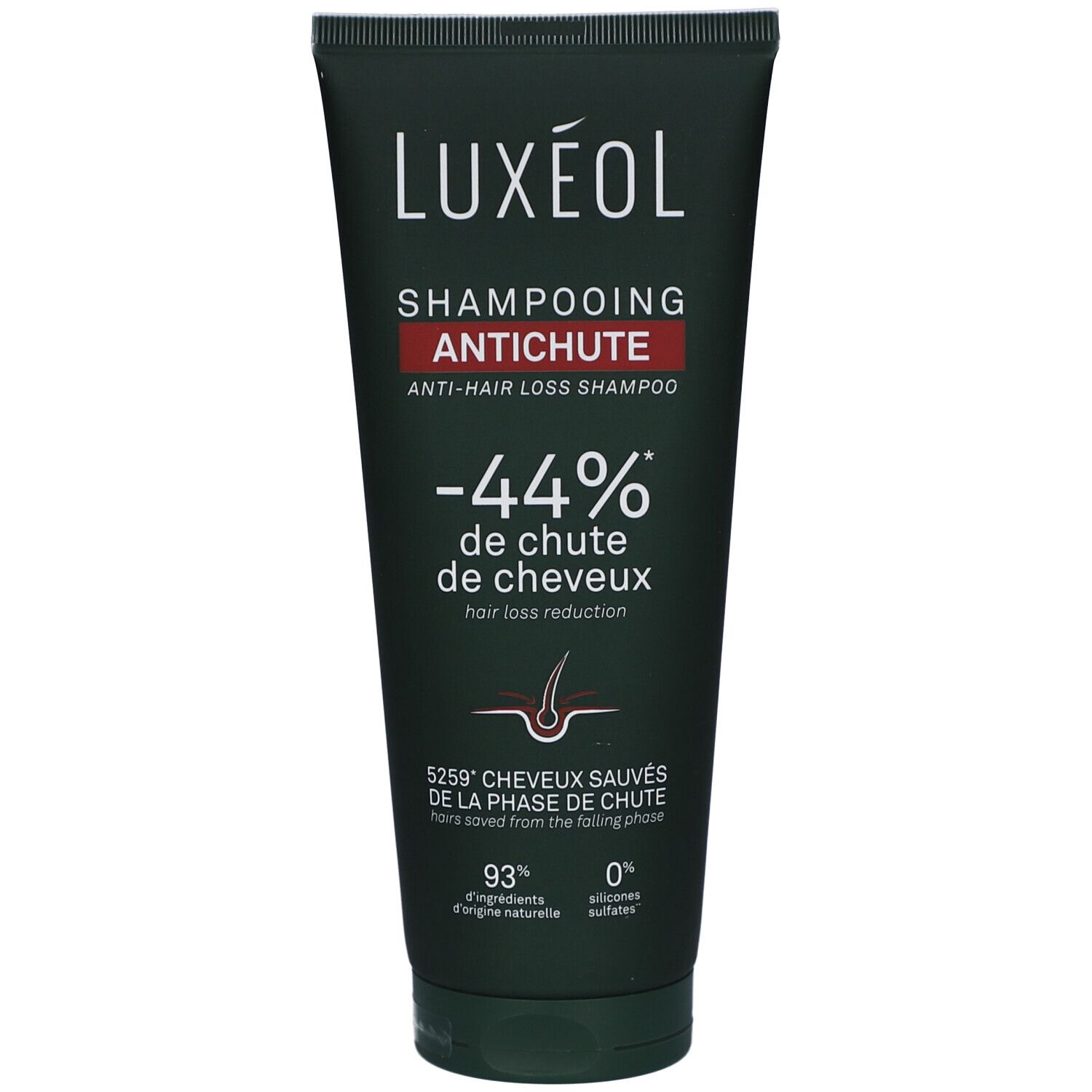 Zwarte tube LUXEOL shampoo. Rode strook met tekst. -44% haaruitval vermindering. Illustratie van haar.