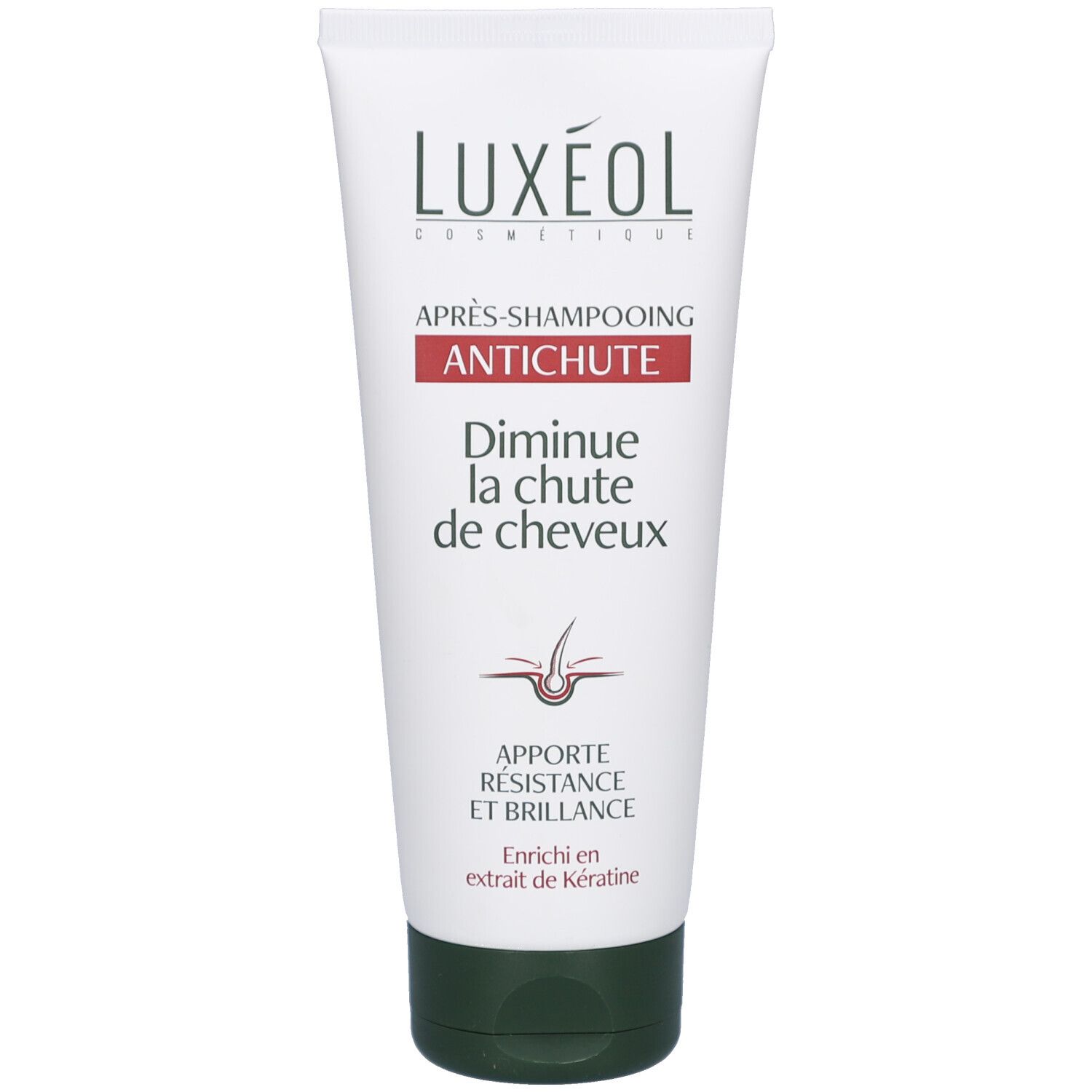 Witte en groene tube LUXÉOL. Opschrift: APRÈS-SHAMPOOING ANTICHUTE. Tekst: Diminue la chute de cheveux. Met keratine.