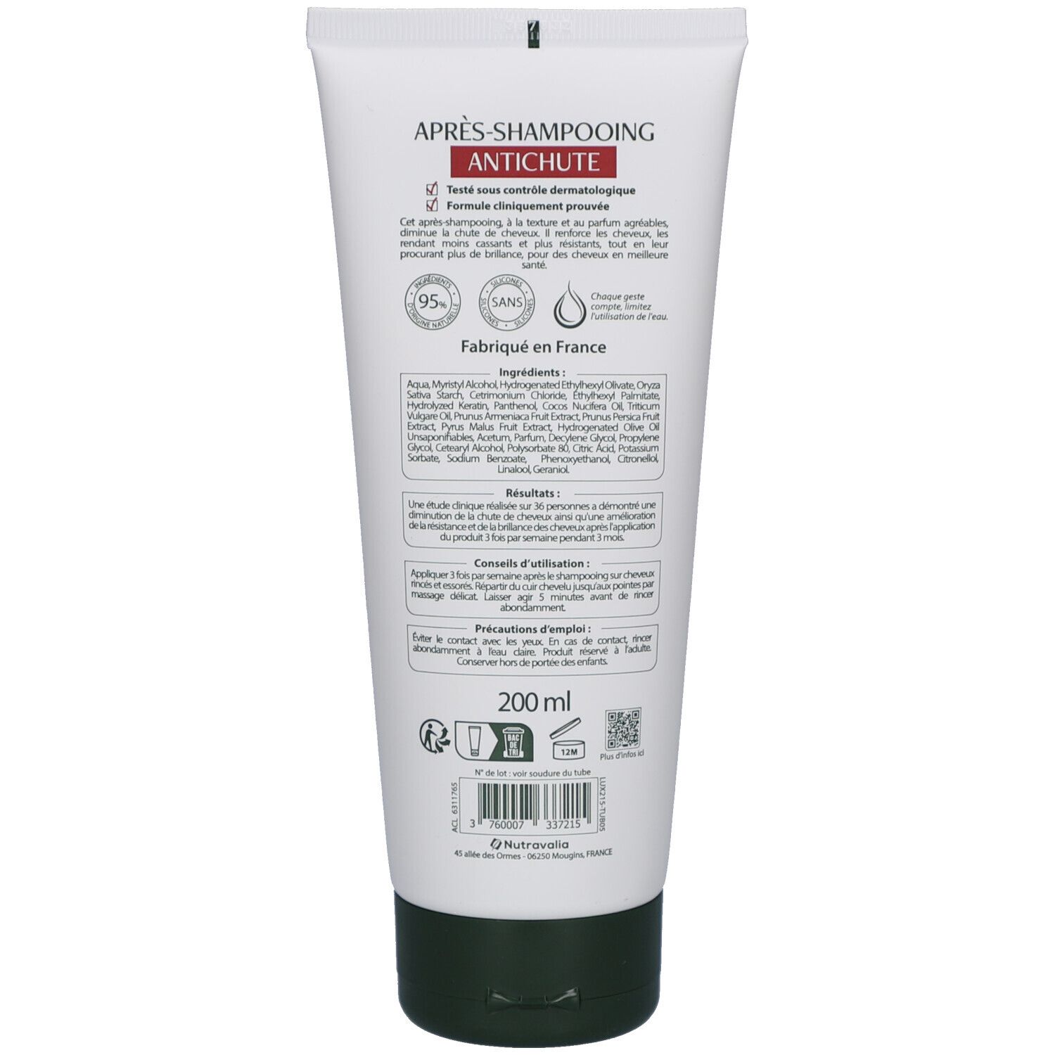 Achterkant van de LUXÉOL conditioner tube. Tekst: APRÈS-SHAMPOOING ANTICHUTE. Ingrediënten, resultaten, gebruiksaanwijzing en voorzorgsmaatregelen.
