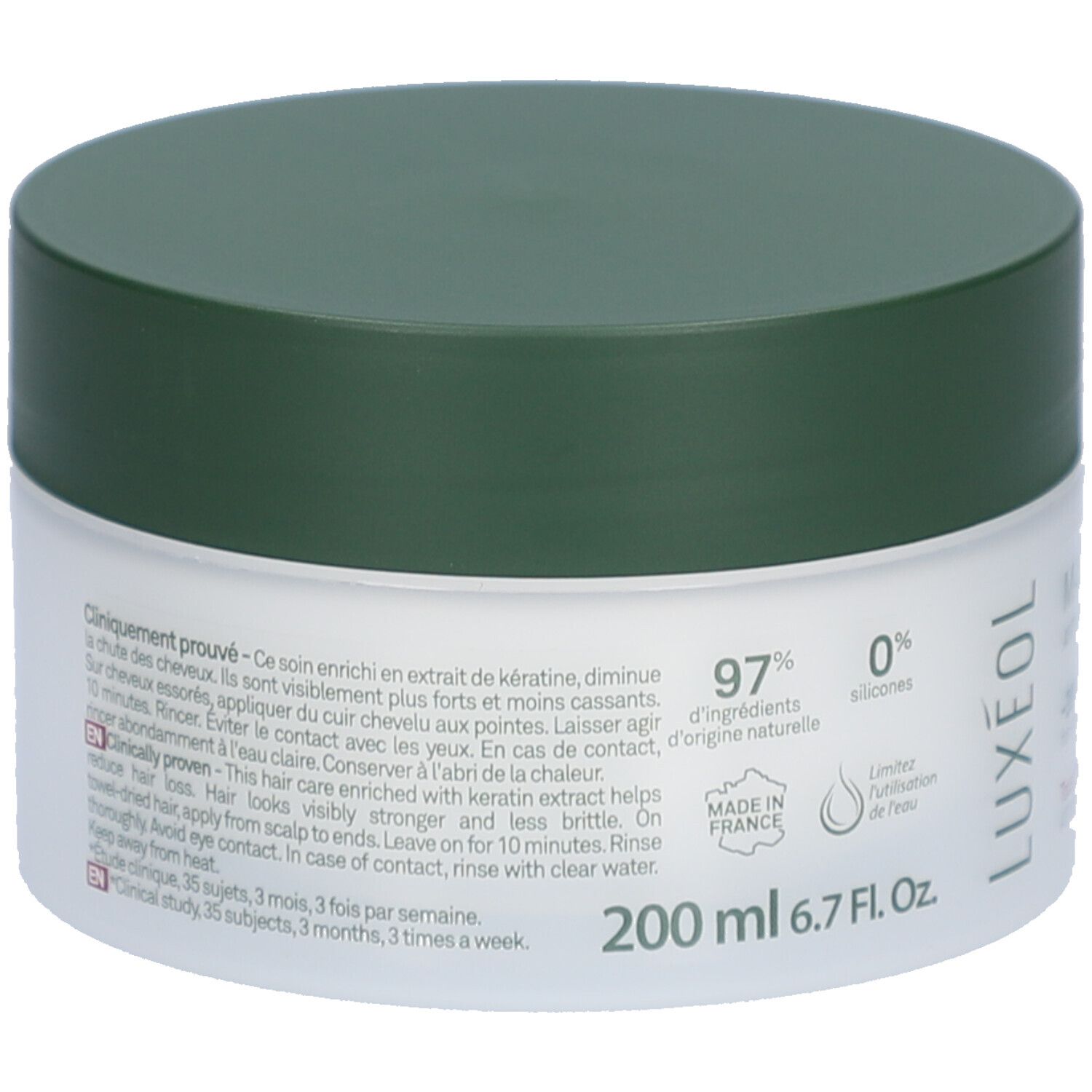 Pot rond à couvercle vert. Texte: Cliniquement prouvé. Contient 97% d'ingrédients naturels et 0% de silicones. 200 ml.