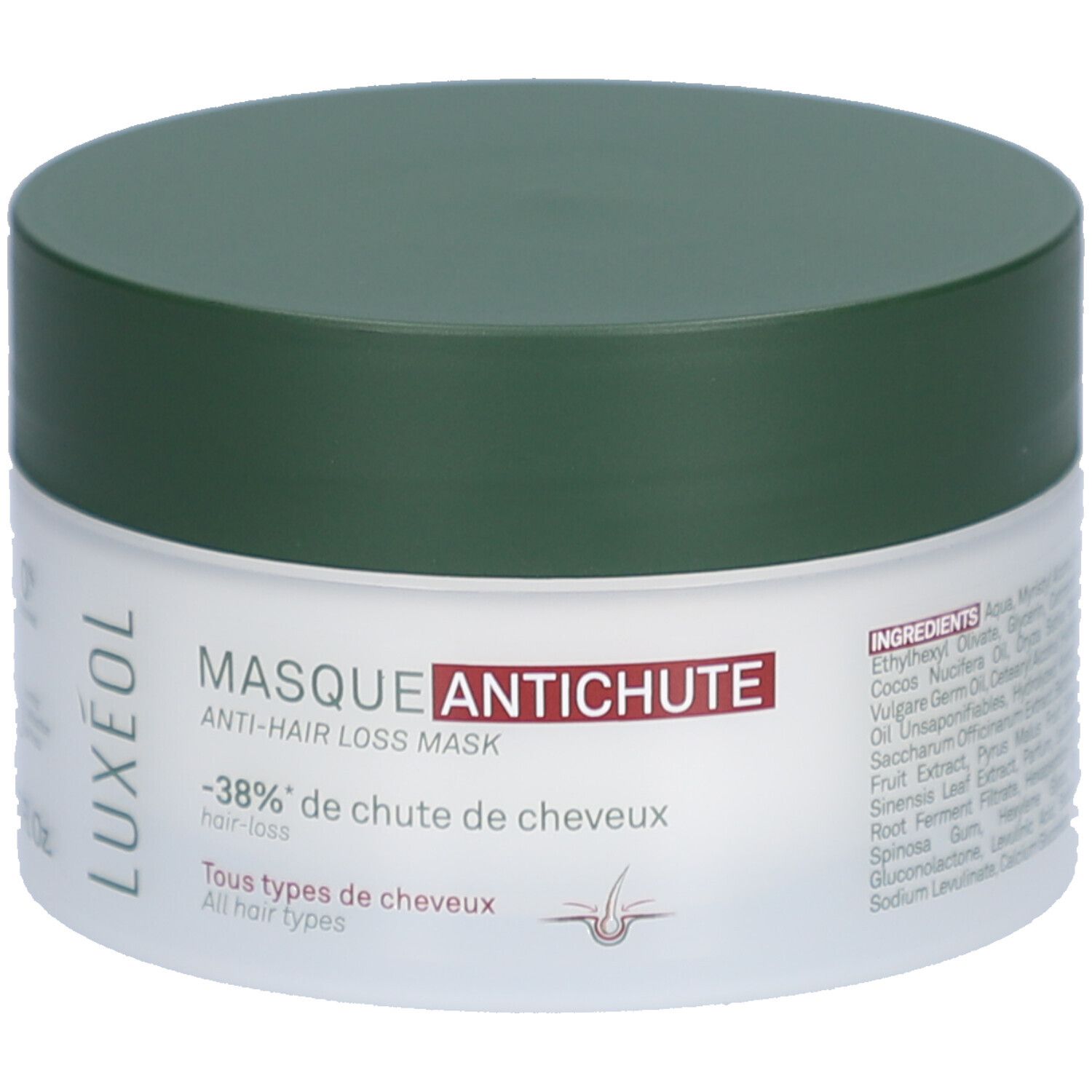 Pot rond à couvercle vert. Inscription: MASQUE ANTICHUTE, masque anti-chute. Contient des ingrédients.