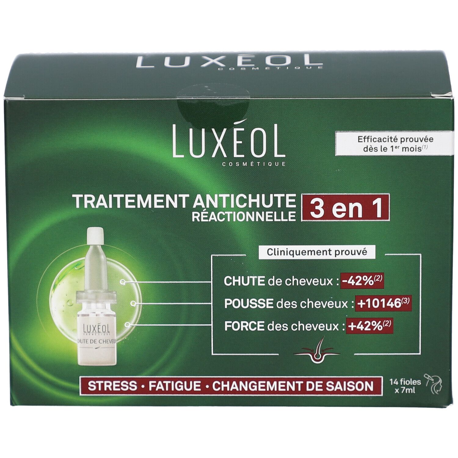 Boîte verte Luxéol. Texte: Traitement antichute réactionnelle 3 en 1. Contient 14 flacons de 7ml. Efficacité prouvée.