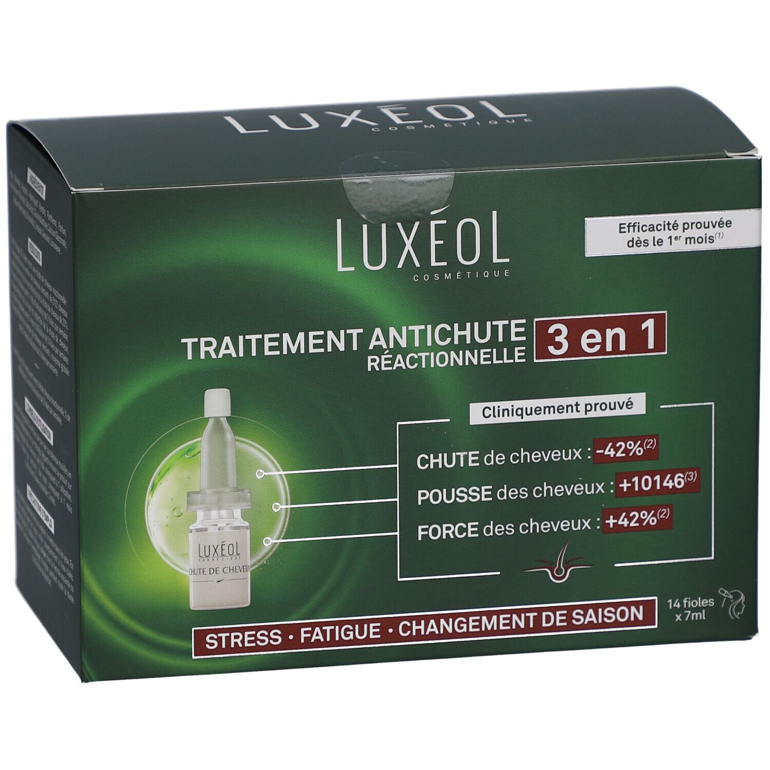 Boîte verte Luxéol. Texte: Traitement antichute réactionnelle 3 en 1. Contient 14 flacons de 7ml. Efficacité prouvée.
