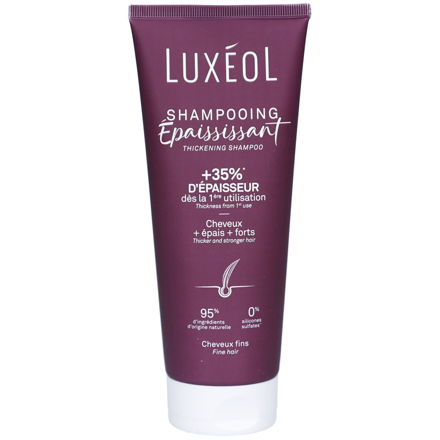 Tube violet avec bouchon blanc. Shampooing LUXEOL épaississant. Contient 95% d'ingrédients d'origine naturelle. Texte.