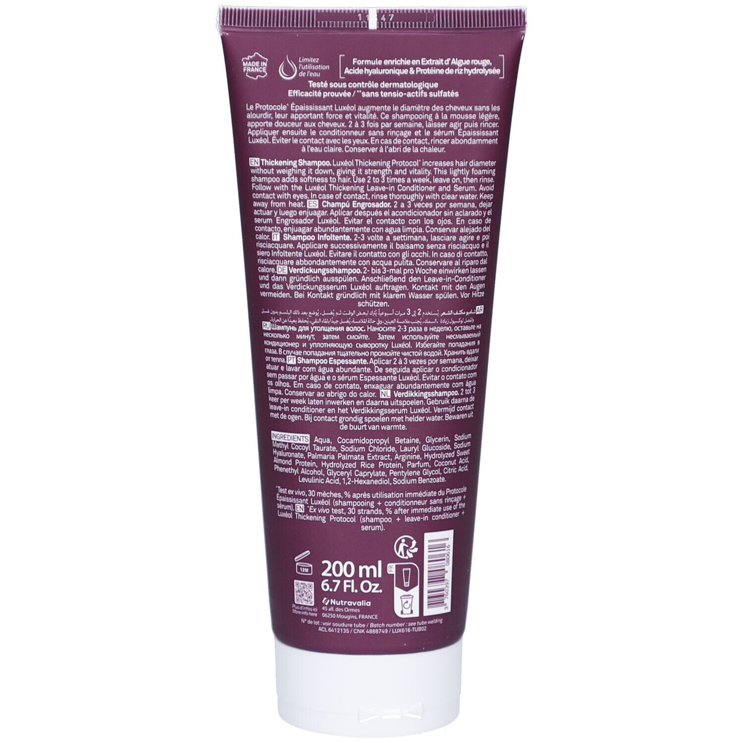 Dos du tube. Texte en plusieurs langues. Contient 200 ml. Code-barres et autres informations.