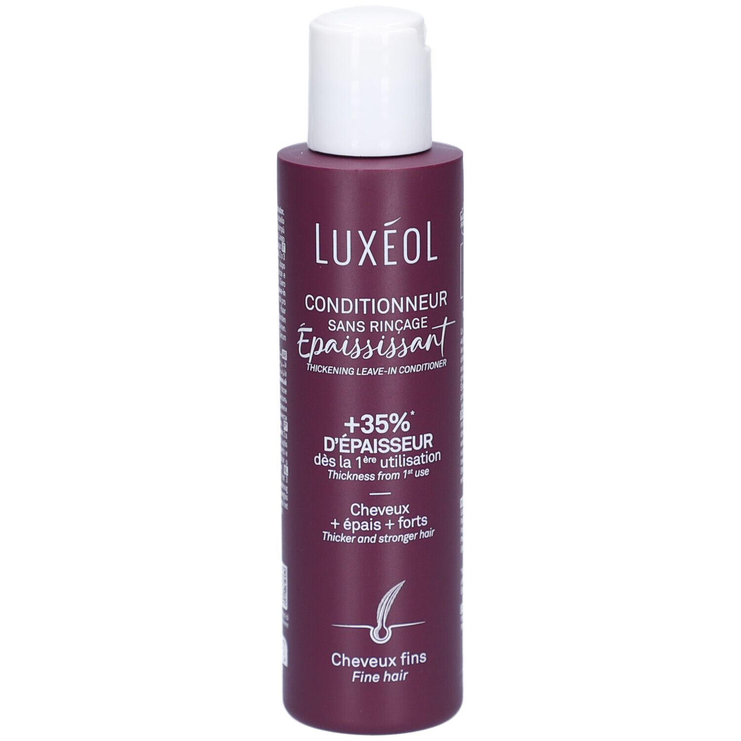Fles LUXÉOL Conditionneur Épaississant. Witte dop, donkerrode fles. Tekst: Conditionneur Sans Rinçage Épaississant, +35% D'ÉPAISSEUR.