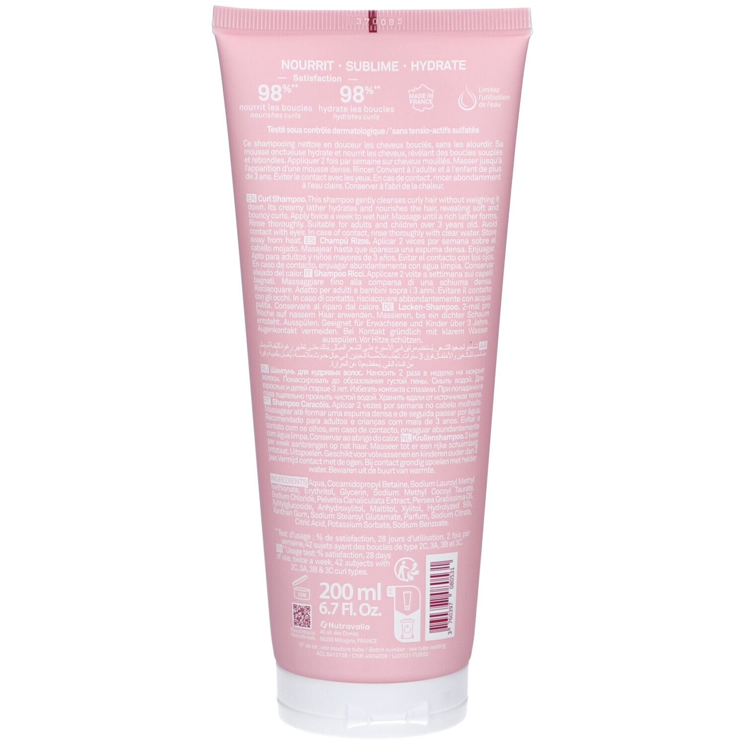 Dos du tube rose de shampooing LUXEOL. Texte "Nourrit sublime hydrate". Volume : 200 ml.