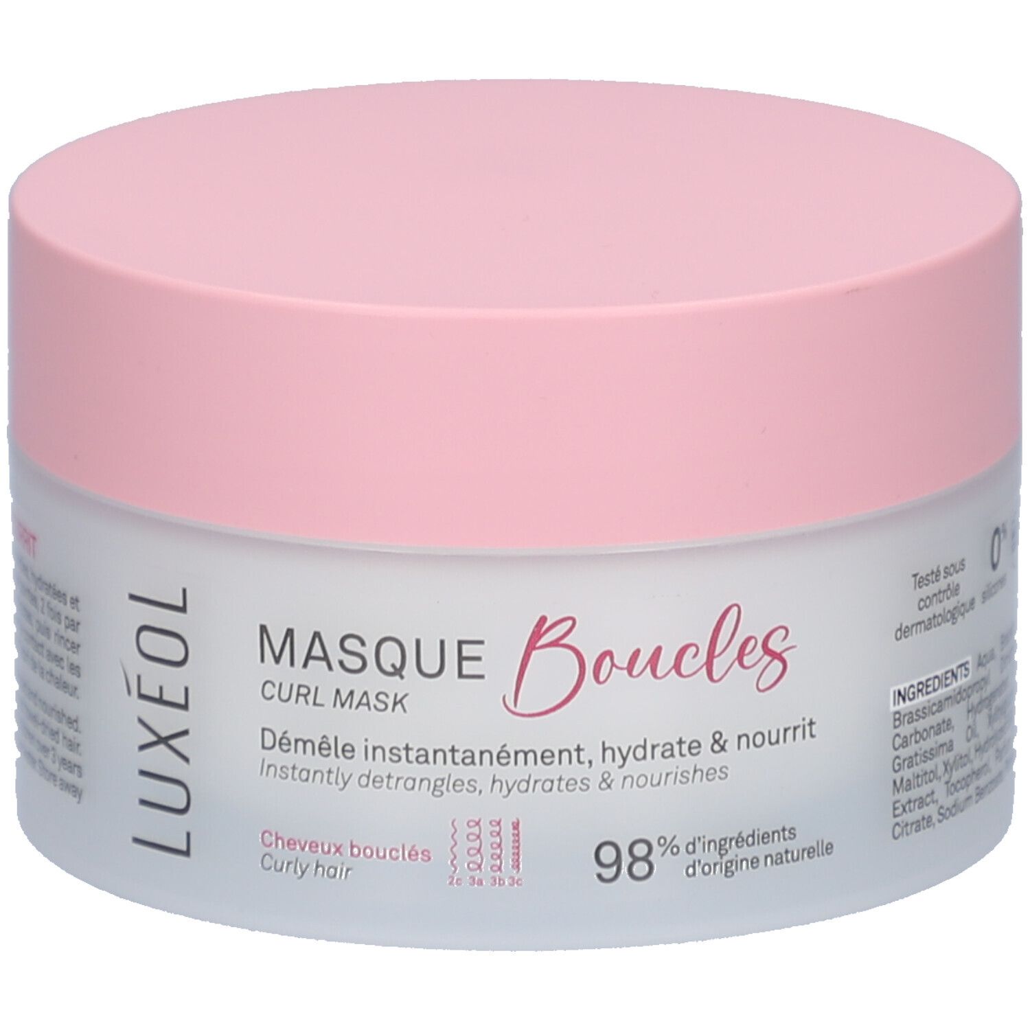 Ronde pot met roze deksel. Opschrift: MASQUE Boucles, CURL MASK. Voor krullend haar. 98% ingrediënten van natuurlijke oorsprong.