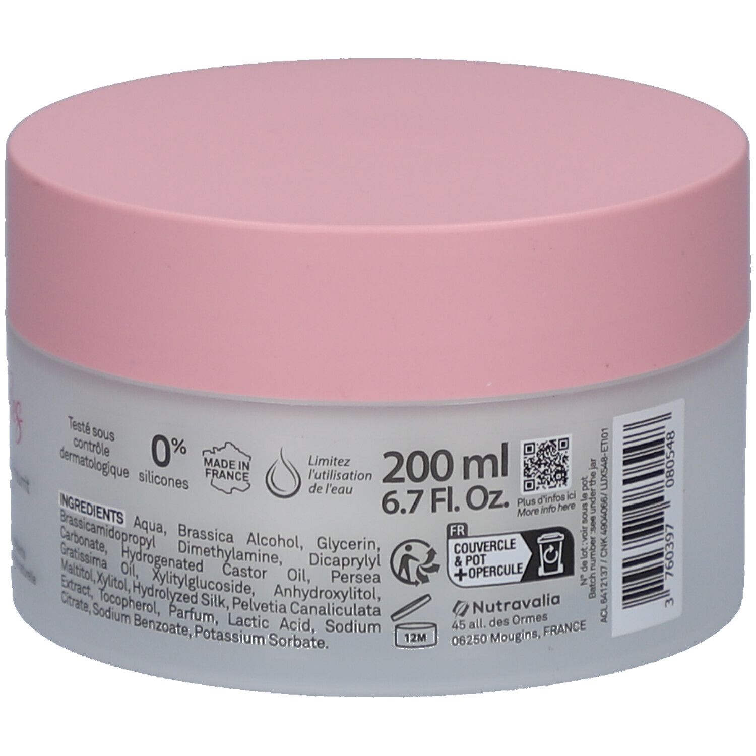 Ronde pot met roze deksel. Tekst: 200 ml, 6.7 FL. OZ. Ingrediënten. Met deksel- en pot-symbool. Gemaakt in Frankrijk.