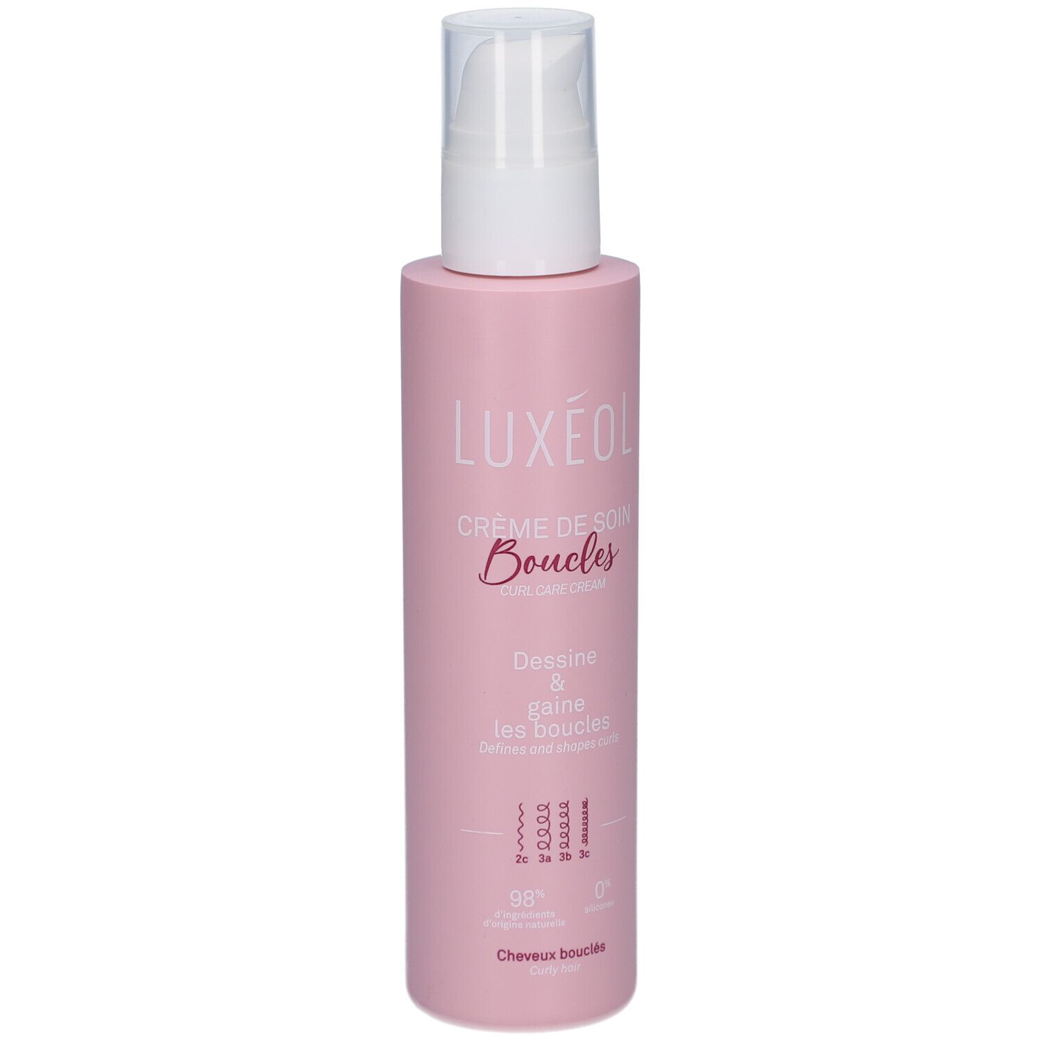 Flacon rose avec pompe blanche. Inscription LUXEOL Crème de soin Boucles. Pour cheveux bouclés.