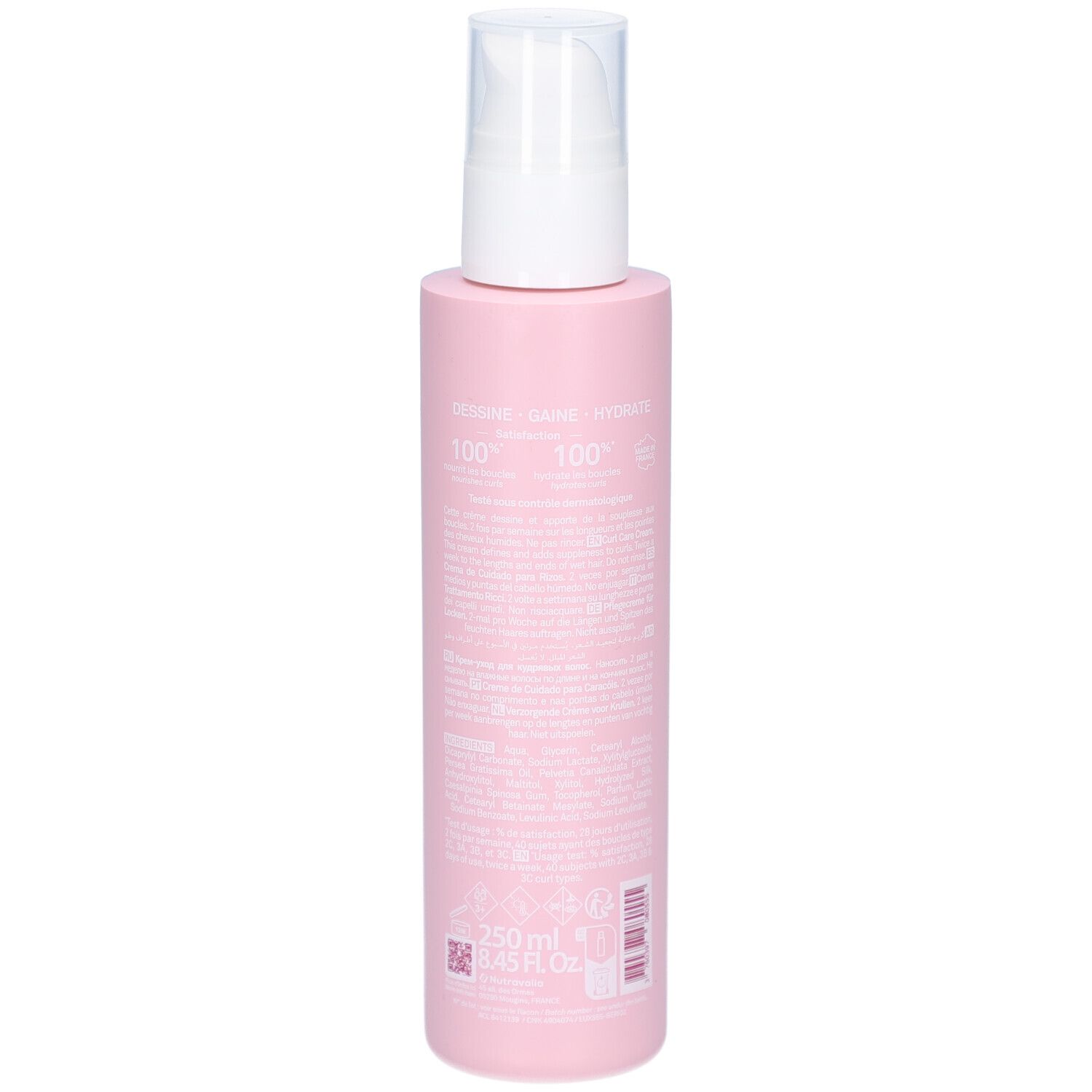 Flacon rose avec pompe blanche. Dos avec texte et indication de volume 250 ml.