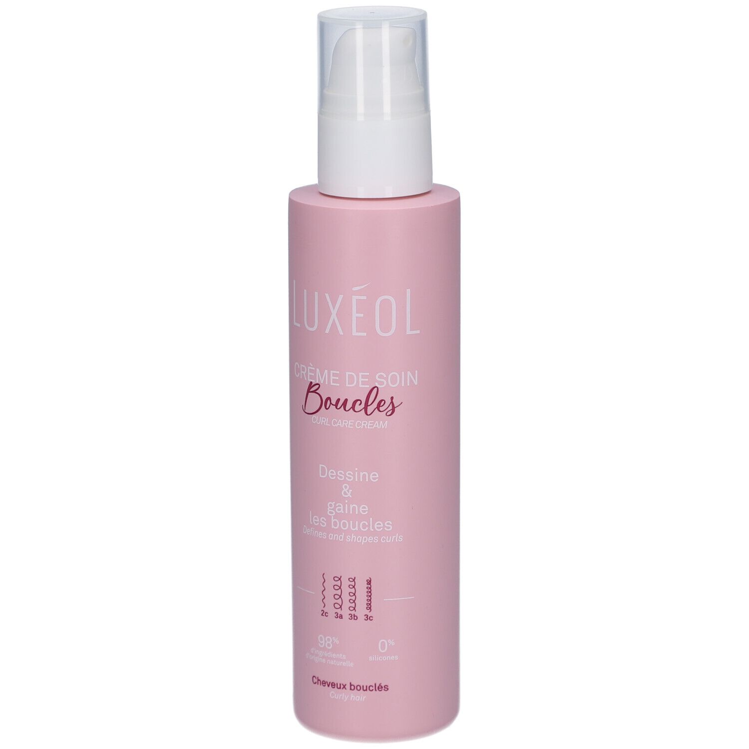 Flacon rose avec pompe blanche. Inscription LUXEOL Crème de soin Boucles. Pour cheveux bouclés.