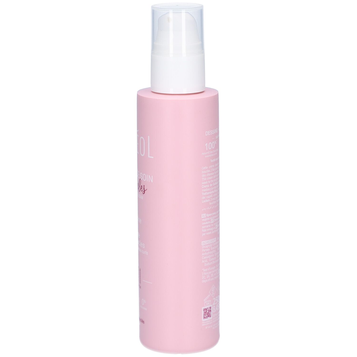 Flacon rose avec pompe blanche. Dos avec texte. Nom du produit non visible.