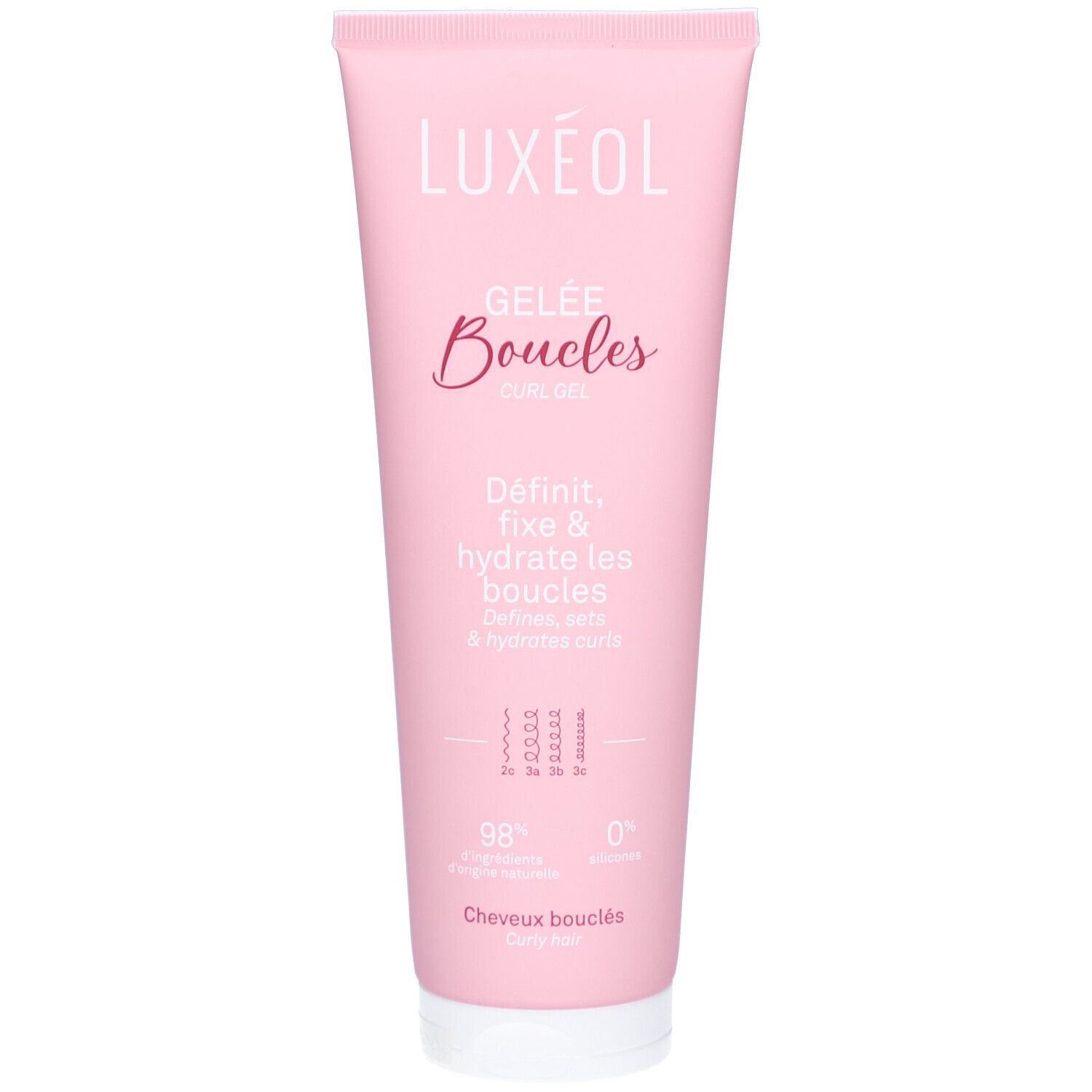 Roze tube met witte dop. Opschrift LUXEOL, Gelée Boucles. Tekst: Définit, fixe & hydrate les boucles. 98% ingrediënten van natuurlijke oorsprong.