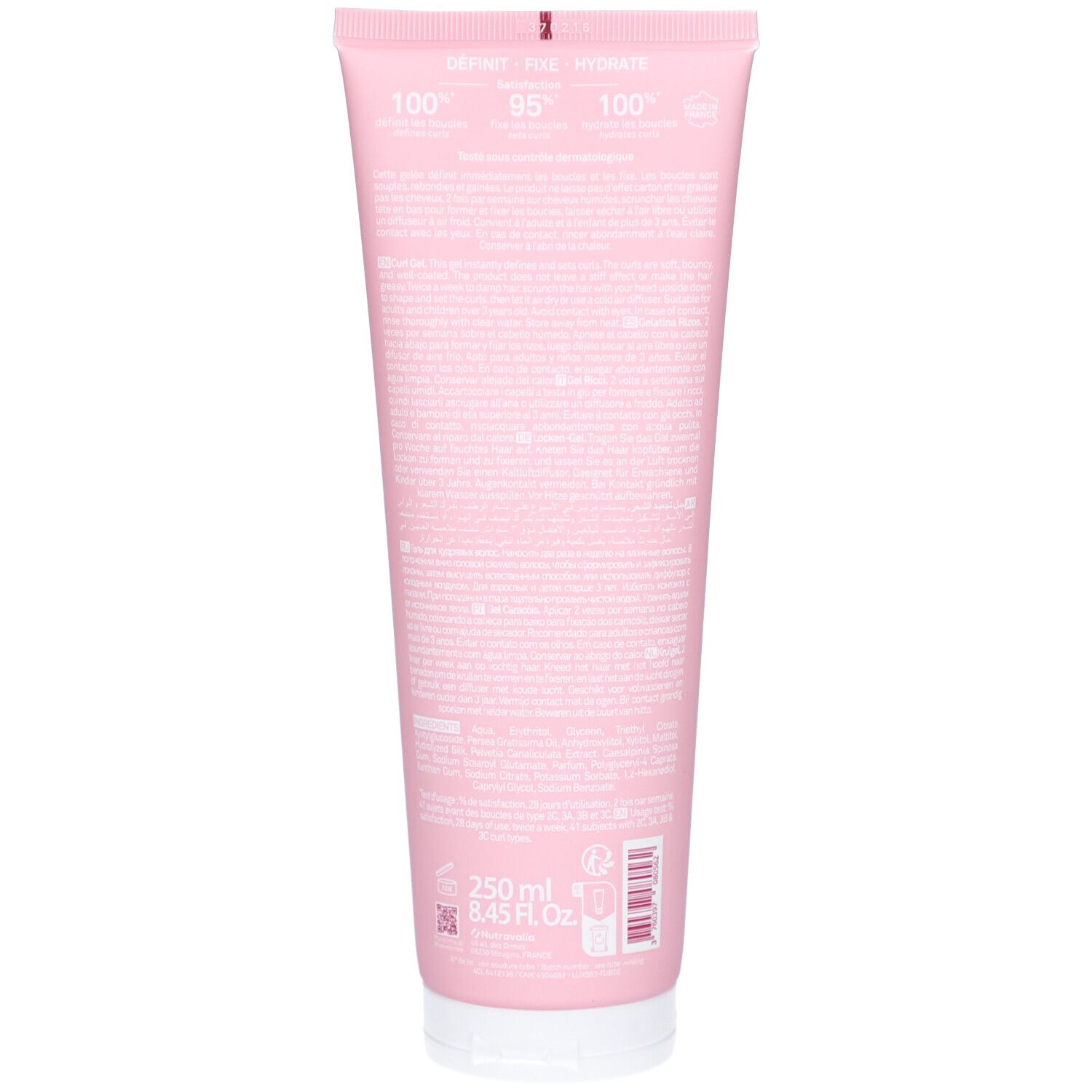 Achterkant van een roze tube. Tekst: Définit, fixe & hydrate. Informatie over ingrediënten en certificeringen. Volume: 250 ml.