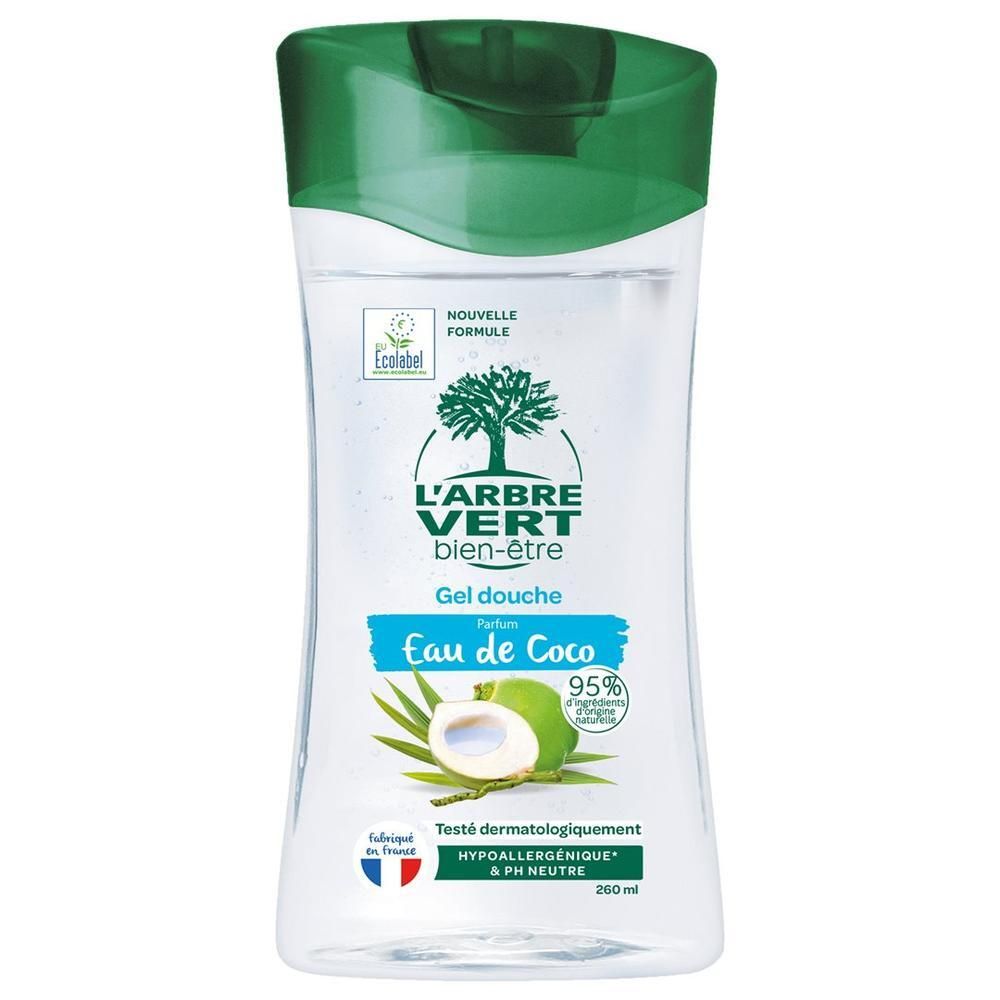 Transparante fles met groene dop. Opschrift: L'ARBRE VERT bien-être, Gel douche Eau de Coco. Kokosnoot-illustratie. Ecocert-logo.