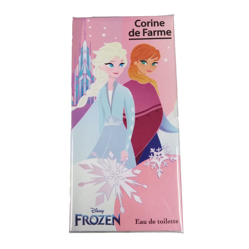 Boîte avec illustrations d'Elsa et Anna. Marque : Corine de Farme. Texte : Disney Frozen Eau de toilette.