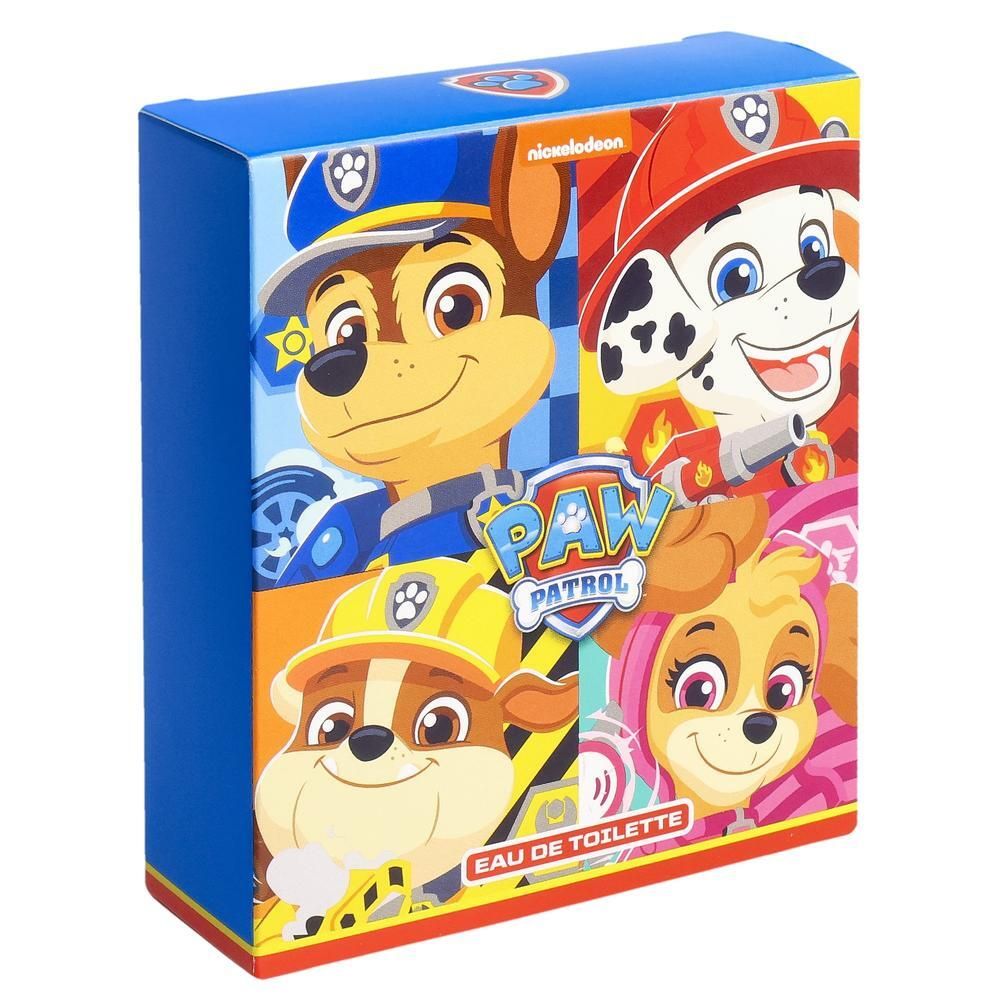 Blauwe doos met Paw Patrol-motieven. Opschrift: Paw Patrol, Eau de Toilette. Afgebeeld zijn de personages Chase, Marshall, Rubble en Skye.