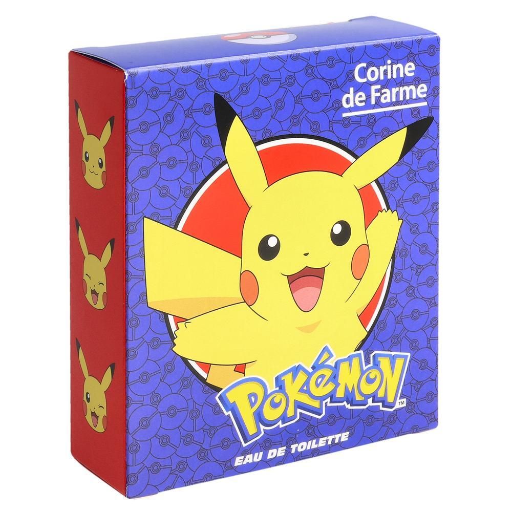 Verpakking met Pikachu-illustratie. Merk Corine de Farme. Pokémon Eau de Toilette. Blauwe en rode kleuren.