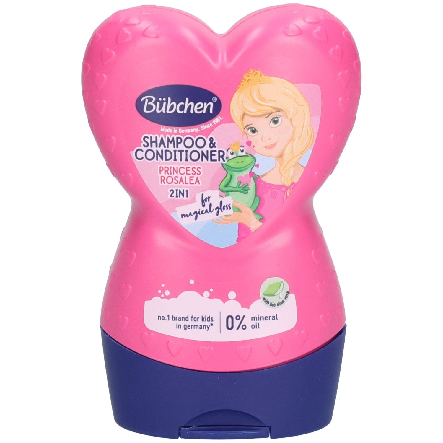 Bübchen Shampoo & Après-shampooing Princess Rosalea 2en1 dans une bouteille en forme de cœur. Sans huile minérale.