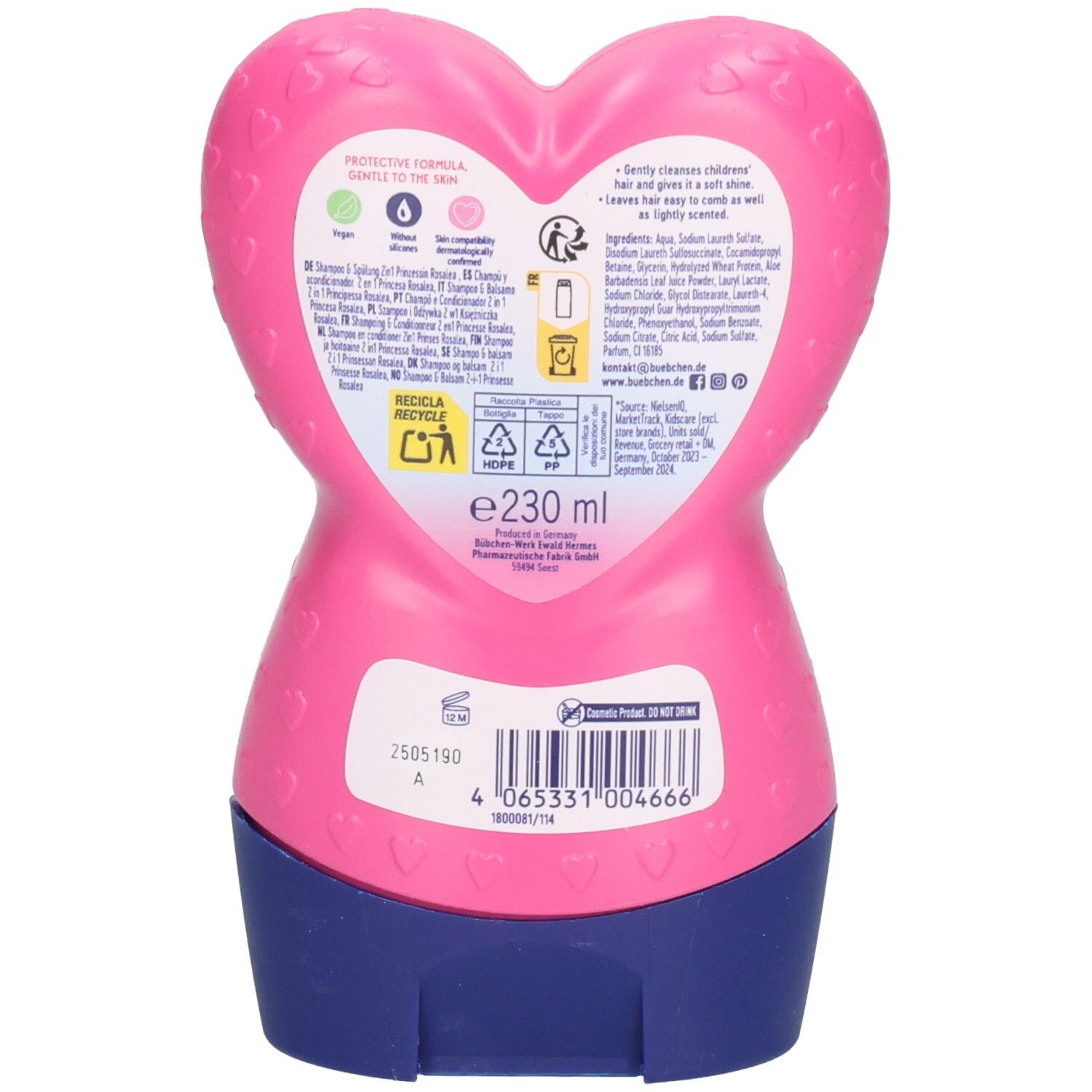 Flacon rose en forme de cœur avec bouchon bleu, 230 ml. Comprend des symboles de recyclage et un code-barres.