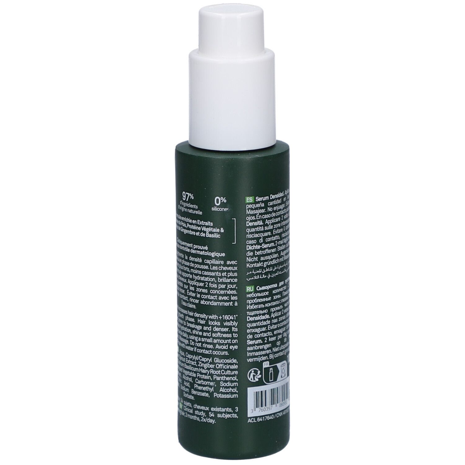 Groene fles met witte pomp. Achterkant met tekst en percentages. Ingrediëntenlijst.