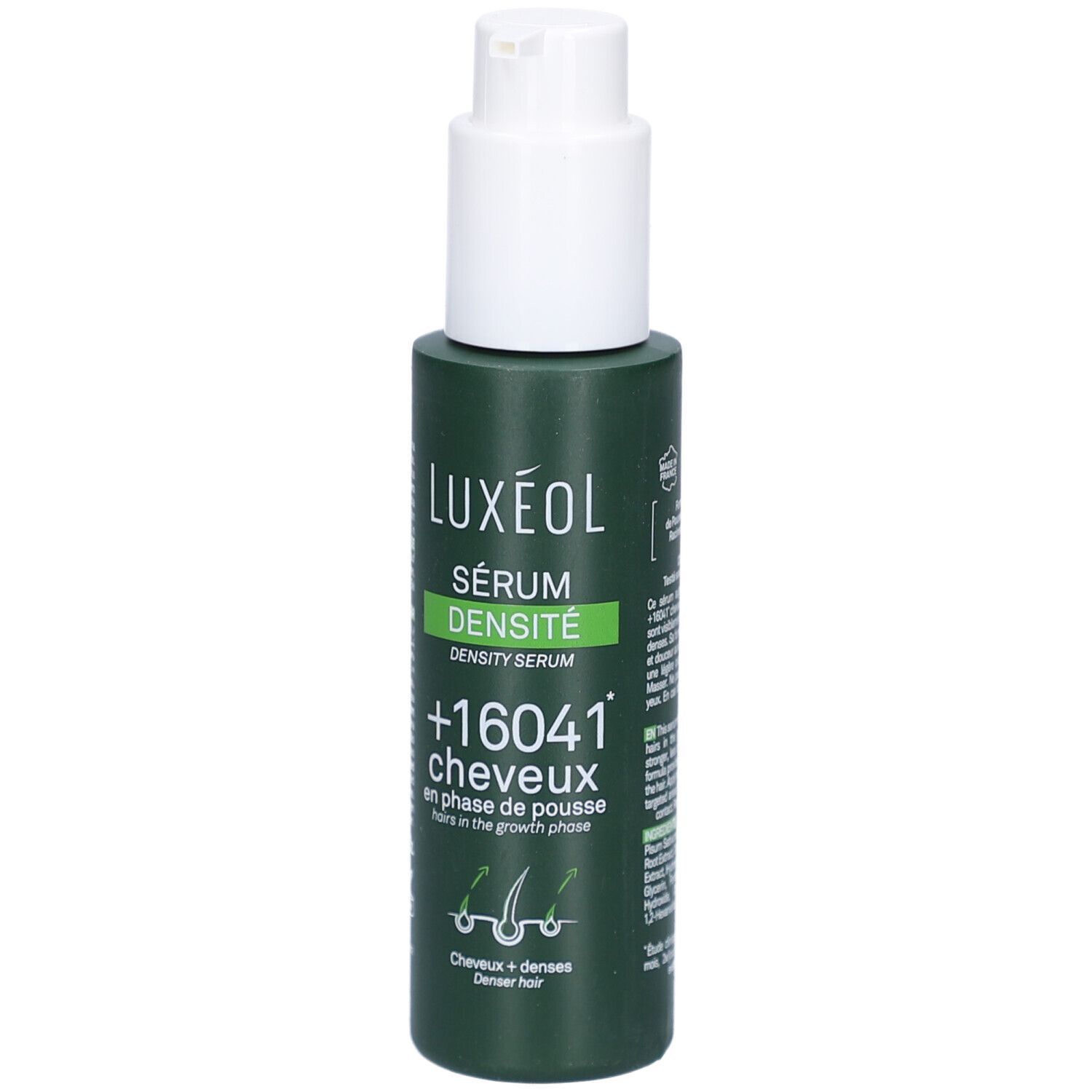 Groene fles met witte pomp. Opschrift: LUXEOL, Sérum Densité, +16041 cheveux. Afbeelding van haar.