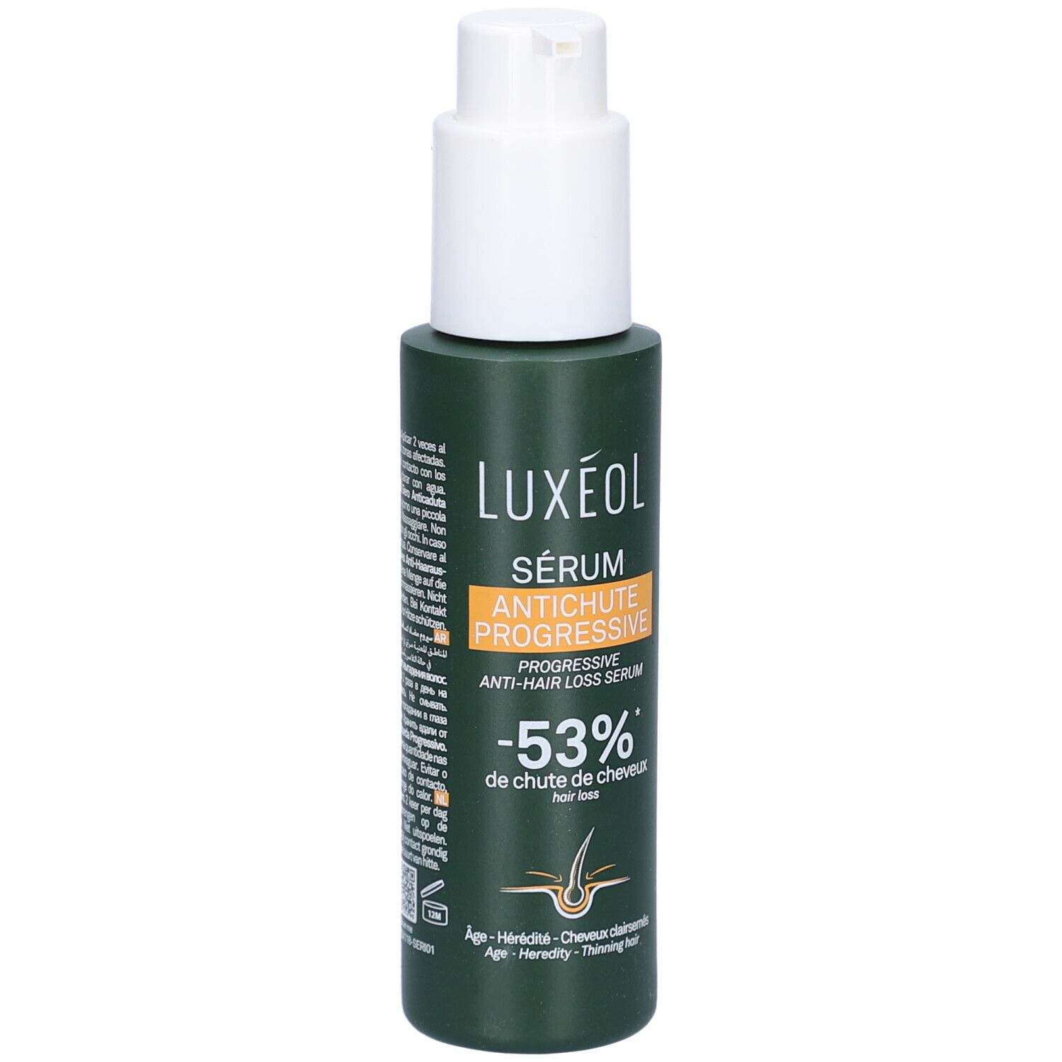 Flacon vert avec pompe blanche. LUXÉOL Sérum Antichute Progressive. -53% de chute de cheveux. Étiquette produit.