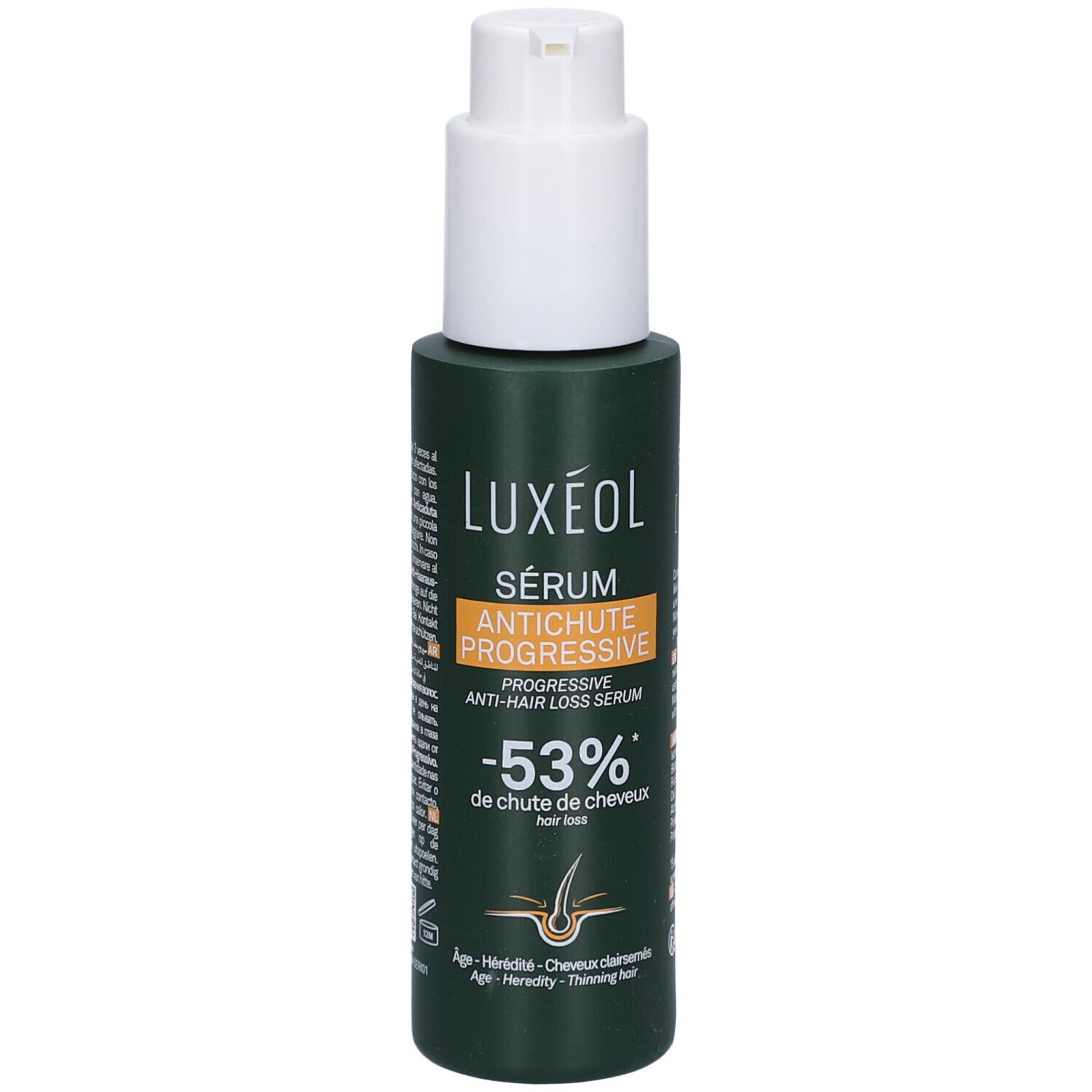 Flacon vert avec pompe blanche. LUXÉOL Sérum Antichute Progressive. -53% de chute de cheveux. Étiquette produit.