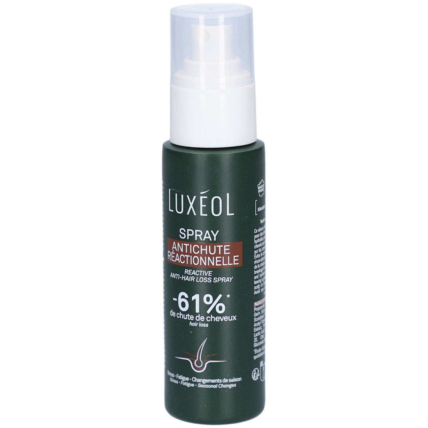 Flacon spray vert avec tête blanche. Texte: LUXEOL, Spray Antichute Réactionnelle, -61% de chute de cheveux.