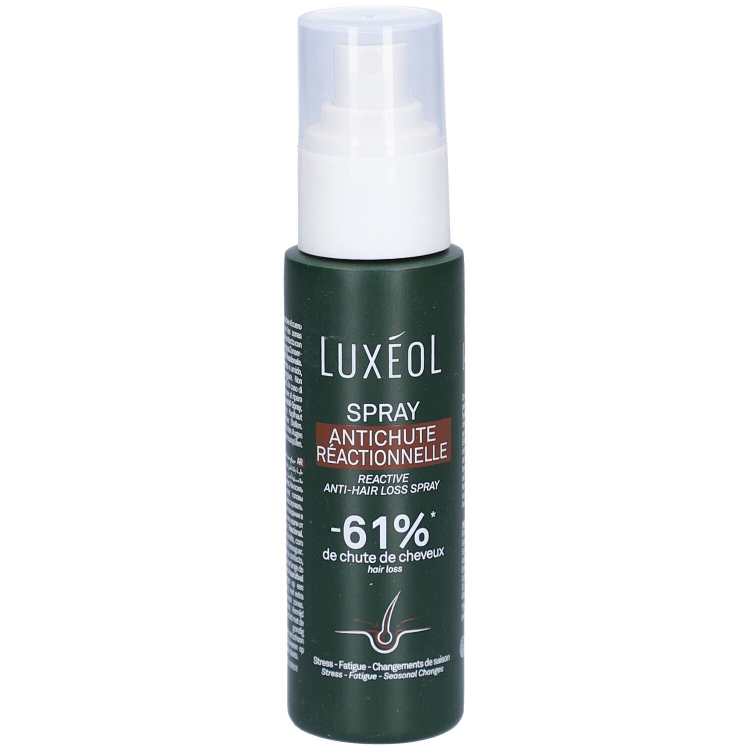 Flacon spray vert avec tête blanche. Texte: LUXEOL, Spray Antichute Réactionnelle, -61% de chute de cheveux.