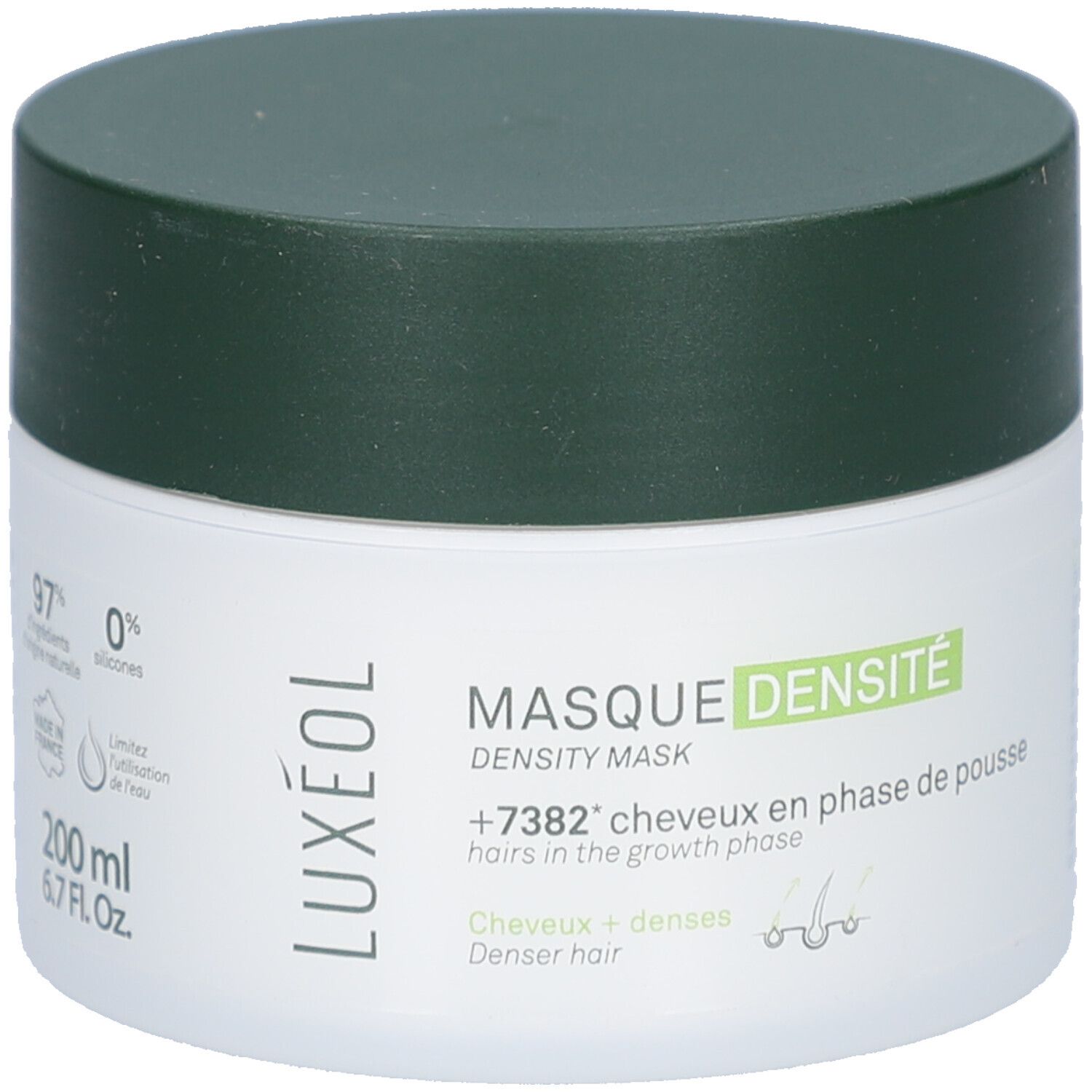 Witte pot met groene deksel. Opschrift LUXÉOL en MASQUE DENSITÉ. Tekst: +7382* haren in de groeifase. Denser hair. 200 ml.