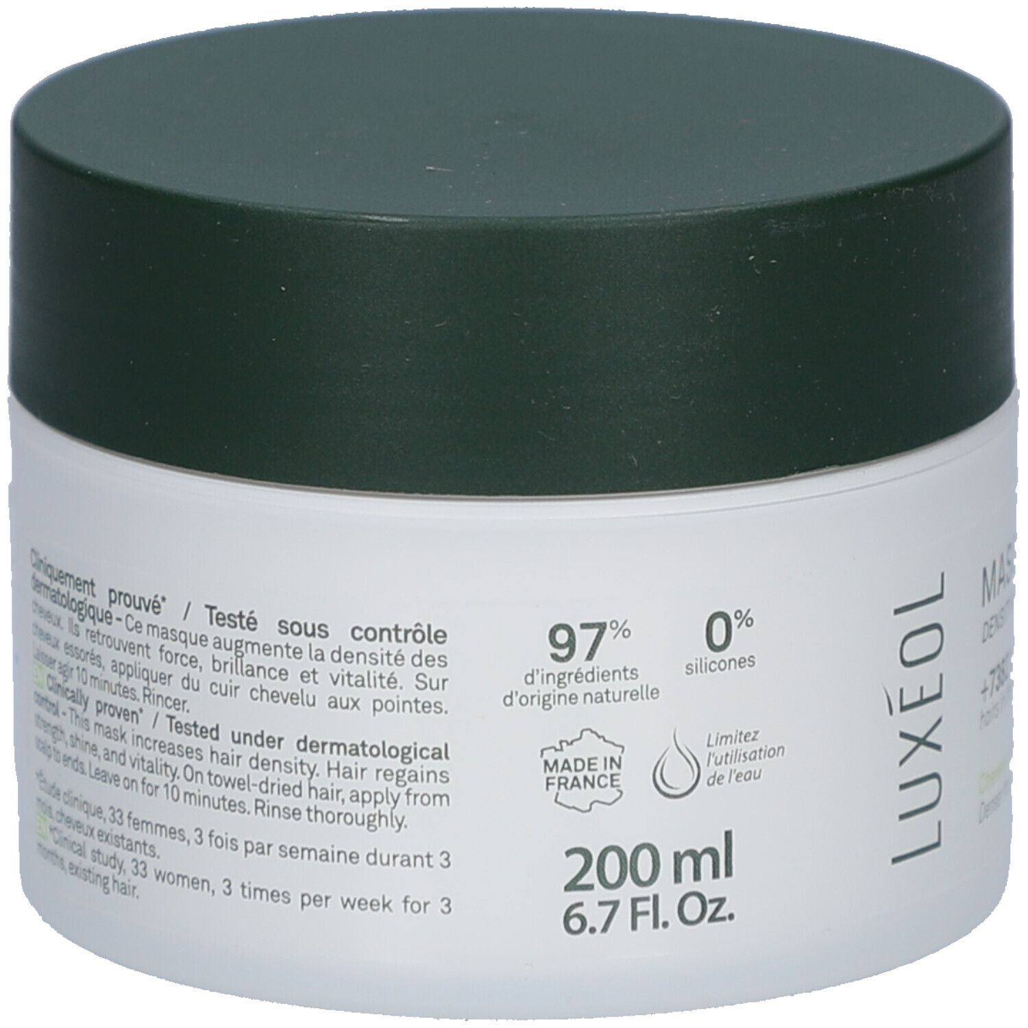 Witte pot met groene deksel. Achterkant met tekst: Getest onder dermatologische controle. 97% ingrediënten van natuurlijke oorsprong. 200 ml.