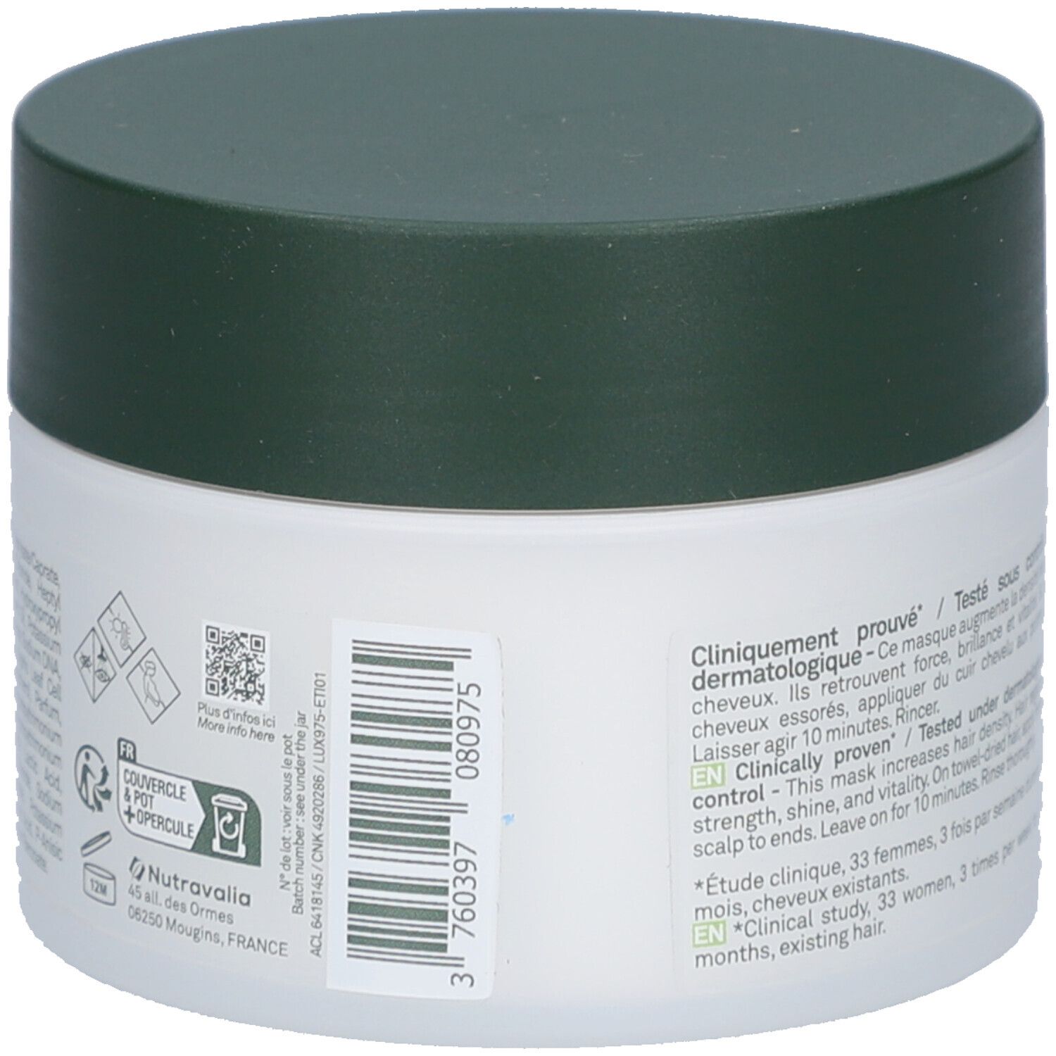 Witte pot met groene deksel. Achterkant met tekst en QR-code. Tekst: Klinisch getest. Gemaakt in Frankrijk. Batchnummer.