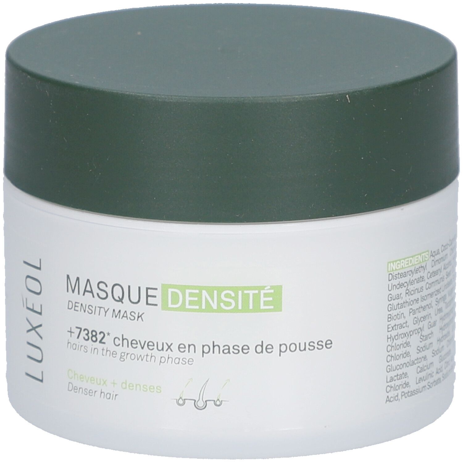 Witte pot met groene deksel. Opschrift LUXÉOL en MASQUE DENSITÉ. Tekst: +7382* haren in de groeifase. Denser hair. 200 ml.