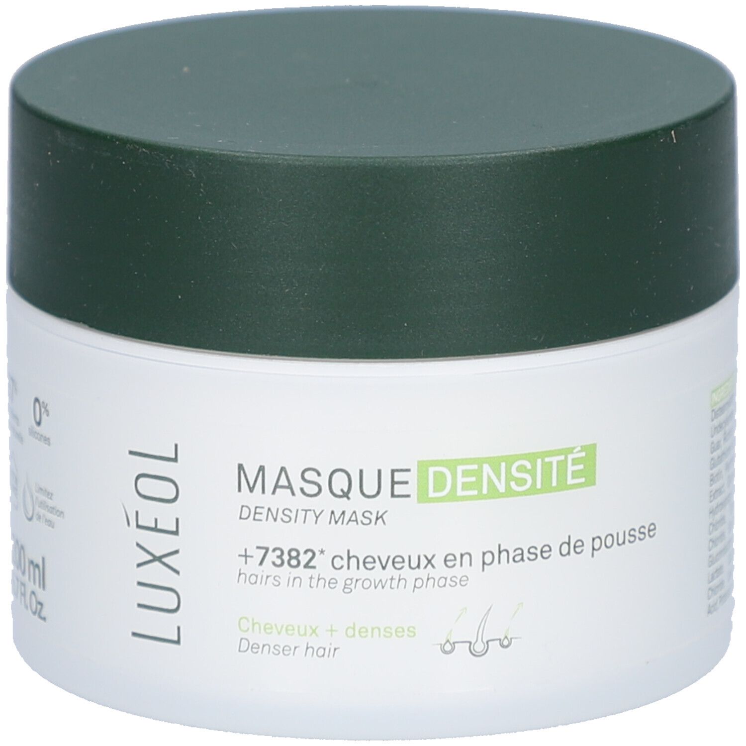 Witte pot met groene deksel. Opschrift LUXÉOL en MASQUE DENSITÉ. Tekst: +7382* haren in de groeifase. Denser hair.