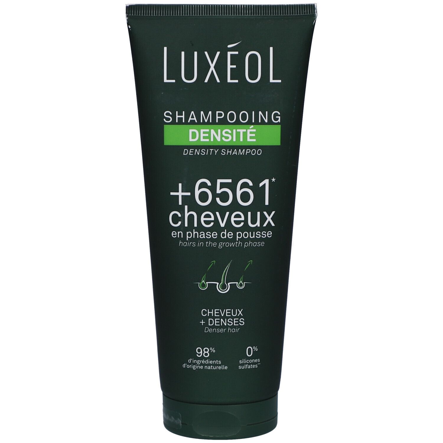 Groene tube LUXÉOL Shampoo. Tekst: DENSITÉ, +6561 Cheveux, 98% ingrediënten van natuurlijke oorsprong, 0% sulfaten.
