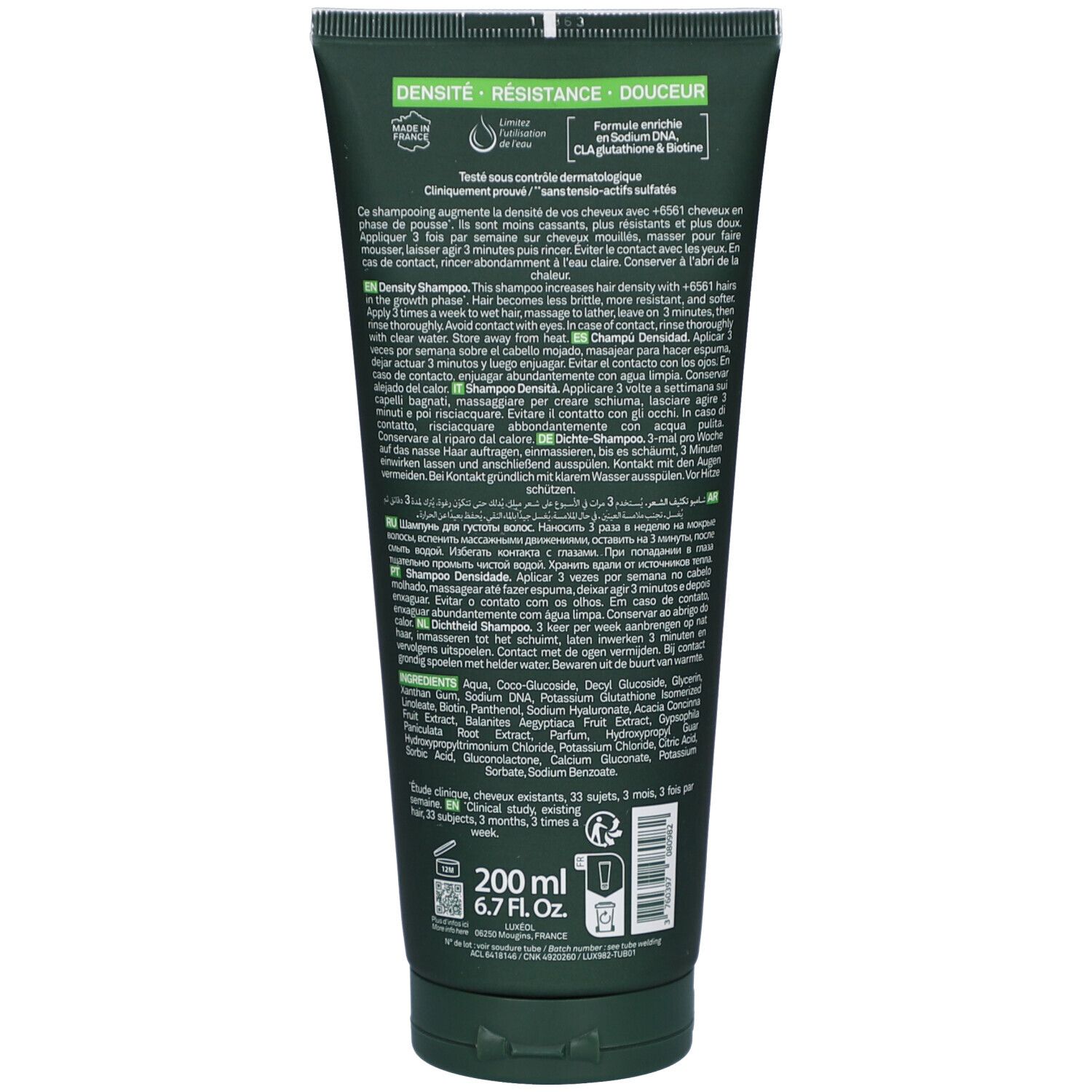 Achterkant groene LUXÉOL Shampoo tube. Tekst: DENSITÉ, 200 ml, 6.7 FL.OZ. Ingrediënten en gebruiksaanwijzing.