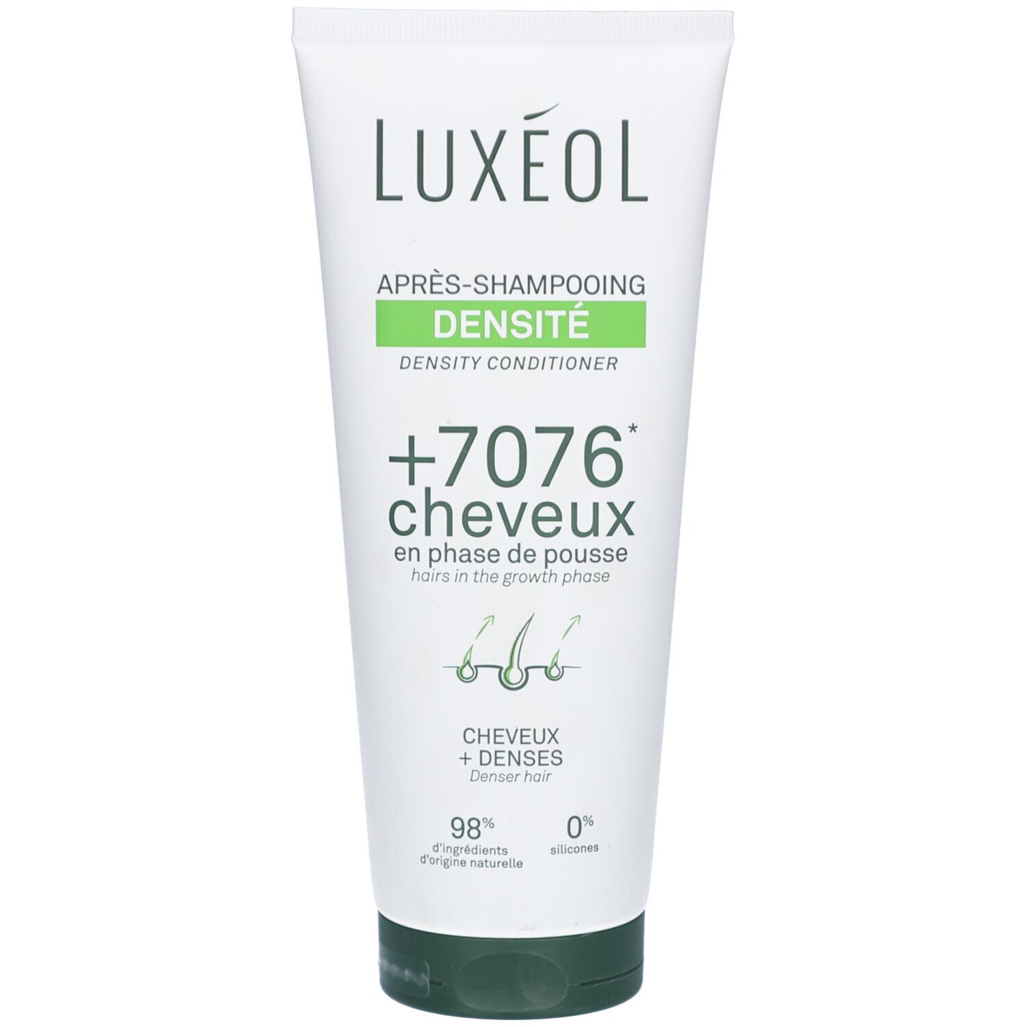 Tube blanc et vert. Inscription LUXÉOL, Après-Shampooing Densité, +7076 Cheveux. Illustration du produit.