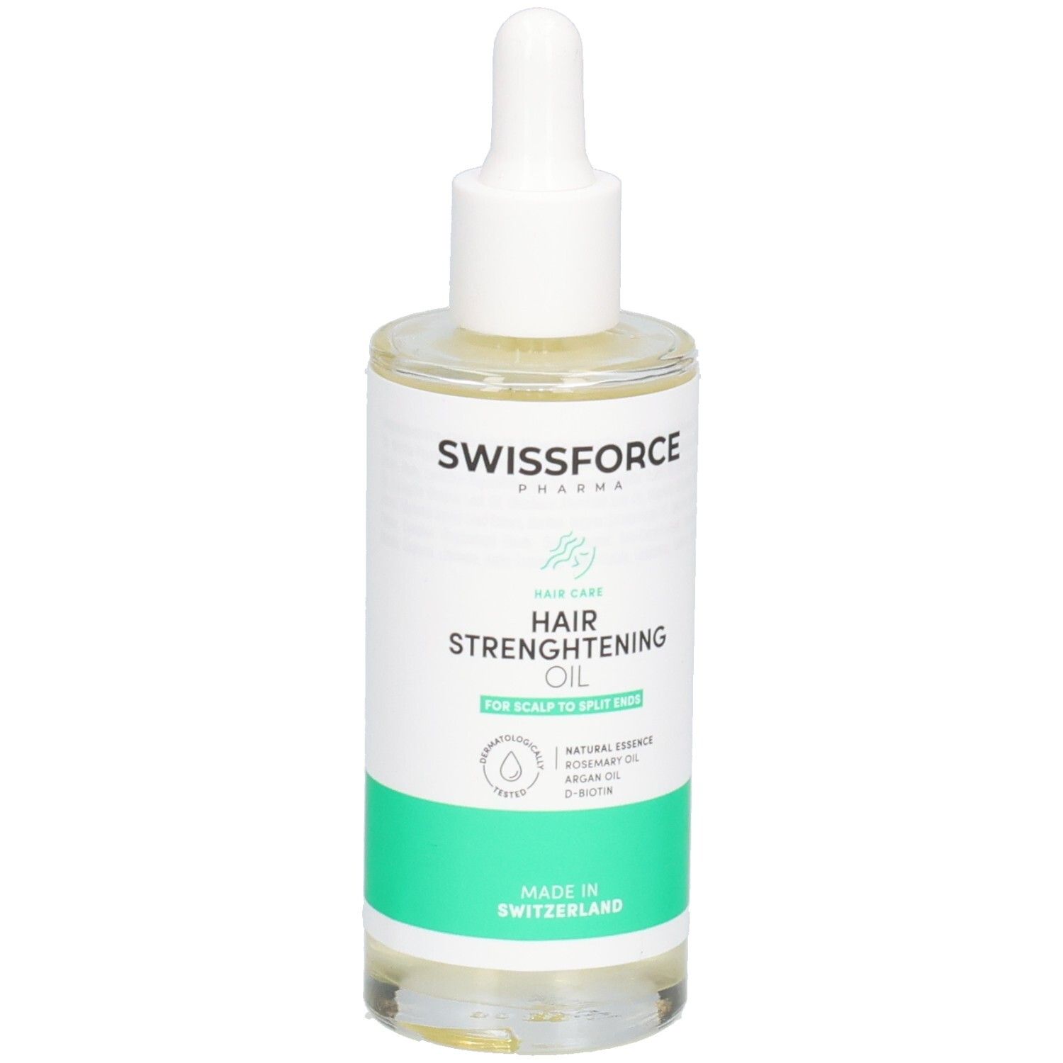 Flacon en verre transparent avec bouchon blanc et pipette. Étiquette avec logo Swissforce et nom du produit. Design vert et blanc.
