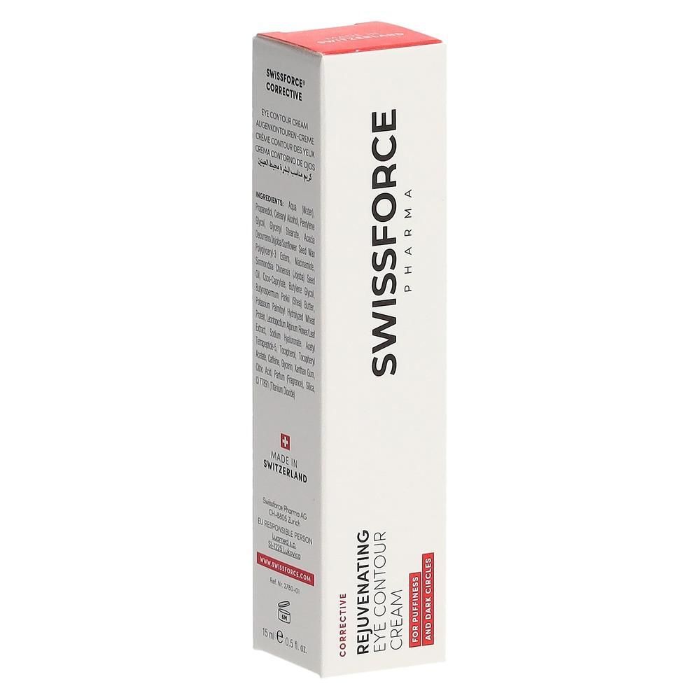 Witte doos met rode tekst en logo SWISSFORCE. Opschrift: Rejuvenating Eye Contour Cream. Bevat 15 ml.