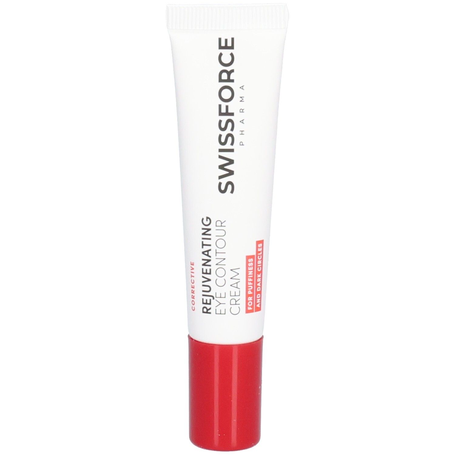 Witte tube met rode dop. Opschrift: SWISSFORCE. Rejuvenating Eye Contour Cream. Voor wallen en donkere kringen.