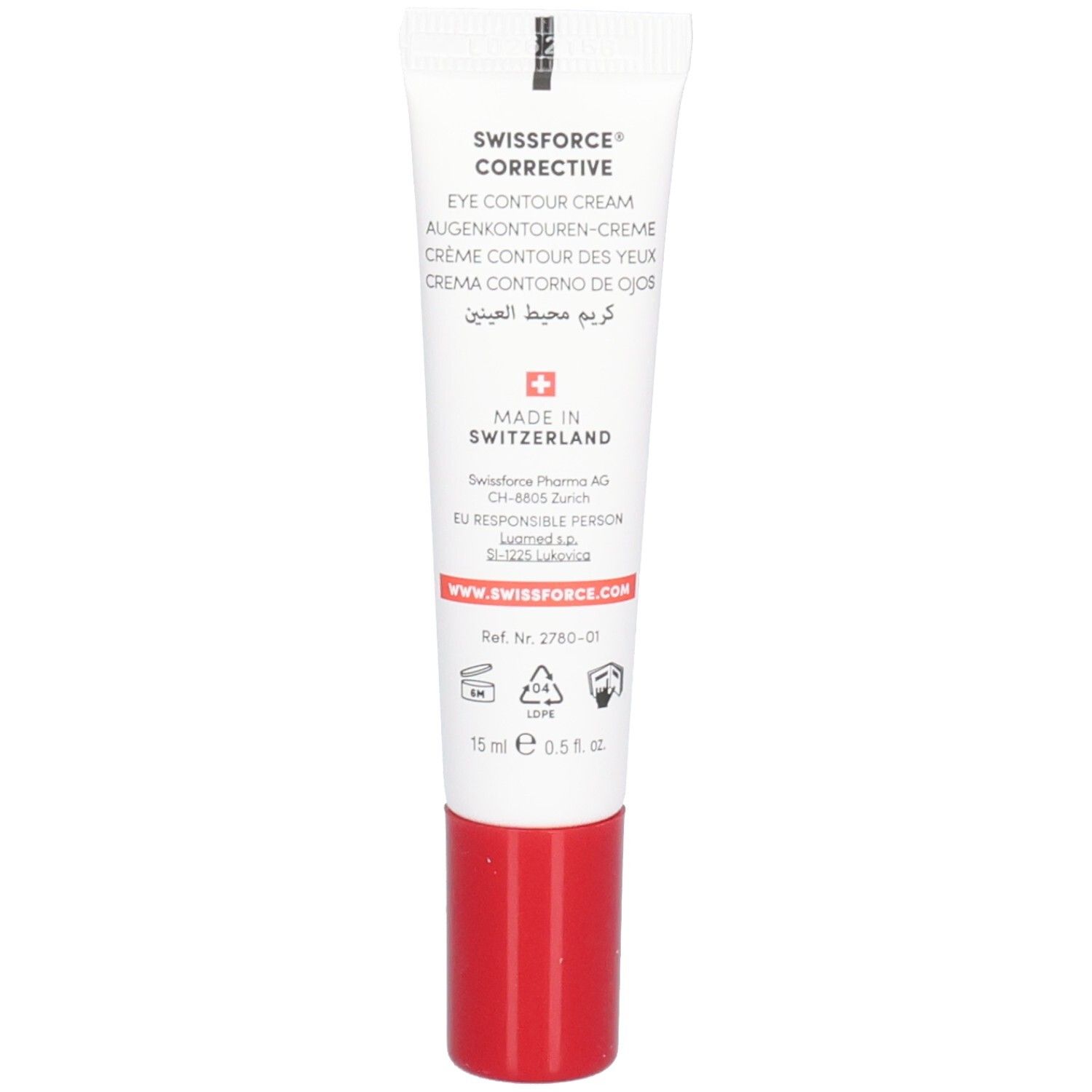 Witte tube met rode dop. Opschrift: SWISSFORCE. Rejuvenating Eye Contour Cream. Gemaakt in Zwitserland. 15 ml.