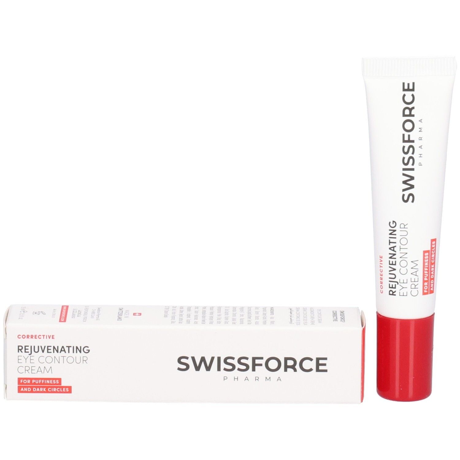 Productverpakking: tube en doos. Tube: wit met rode dop. Doos: wit met rode tekst. Opschrift: SWISSFORCE.