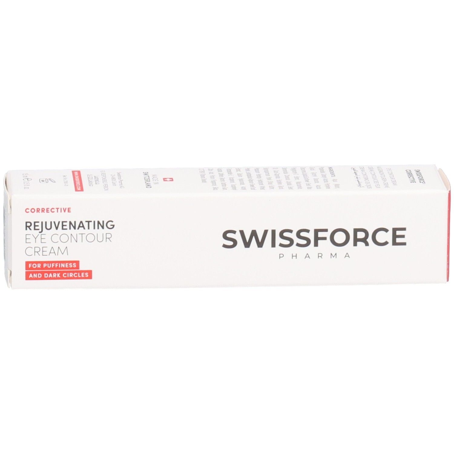 Witte doos met rode tekst. Opschrift: SWISSFORCE. Rejuvenating Eye Contour Cream. Voor wallen en donkere kringen.
