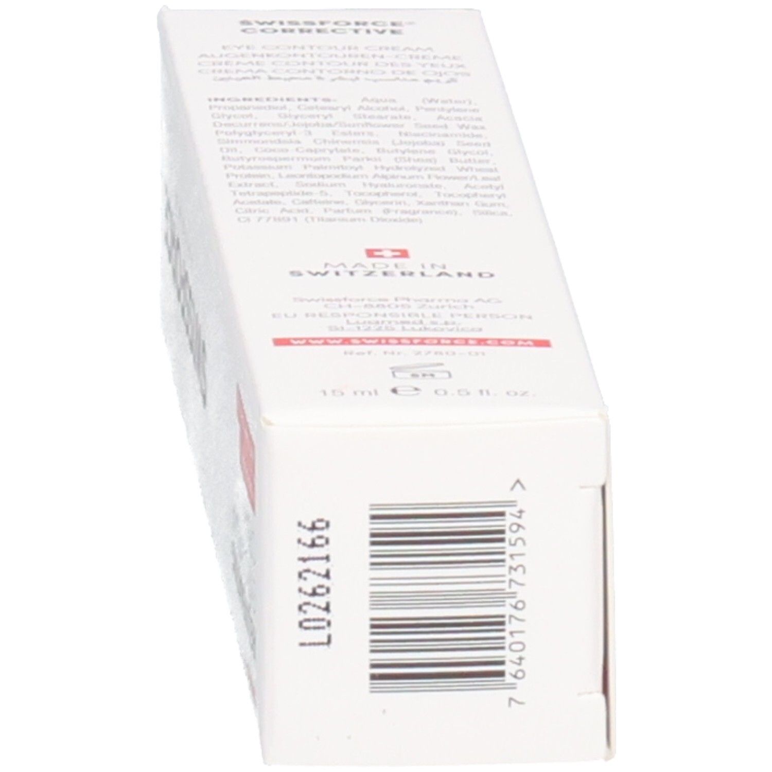 Doos met inhoudsinformatie. Opschrift: SWISSFORCE. Rejuvenating Eye Contour Cream. Gemaakt in Zwitserland. 15 ml.