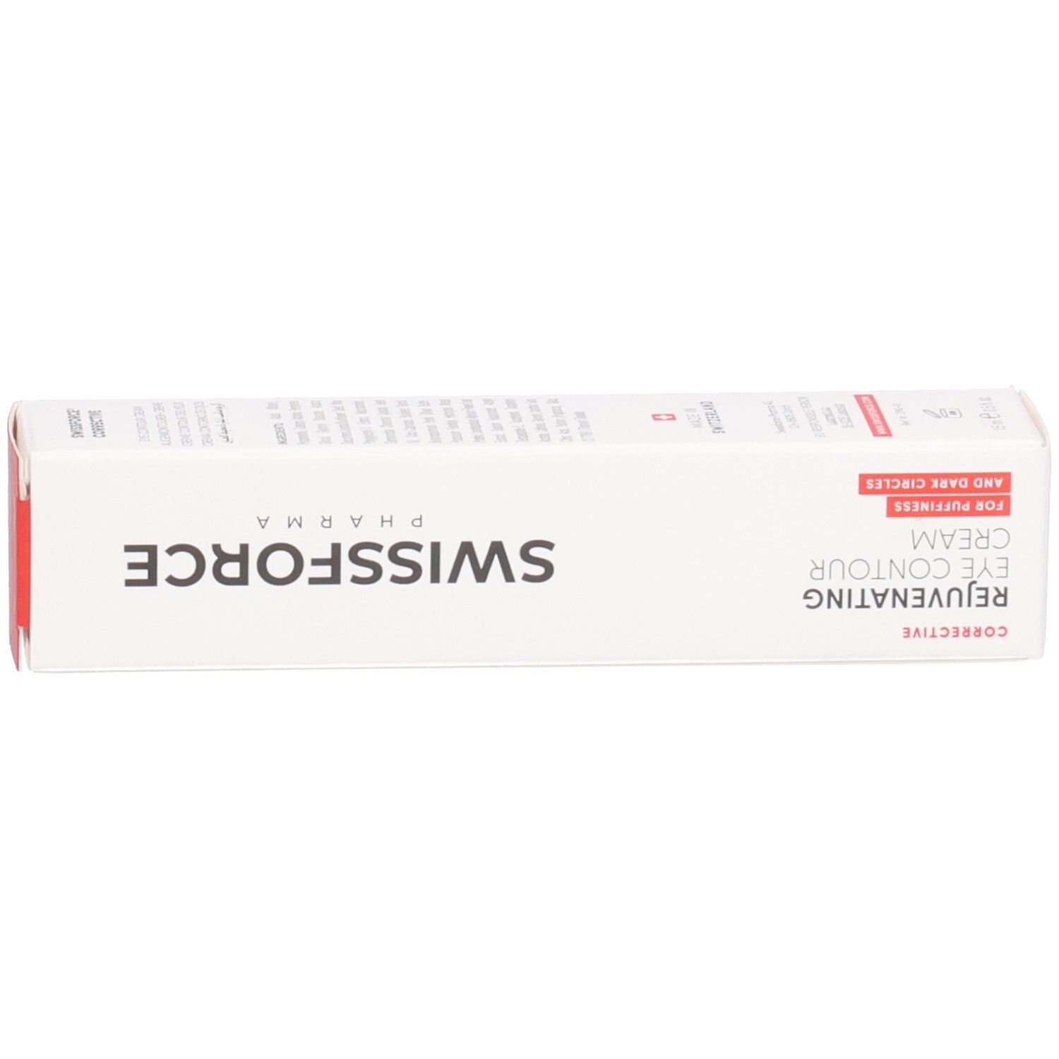 Doos met opschrift: SWISSFORCE. Rejuvenating Eye Contour Cream. Voor wallen en donkere kringen. Barcode.