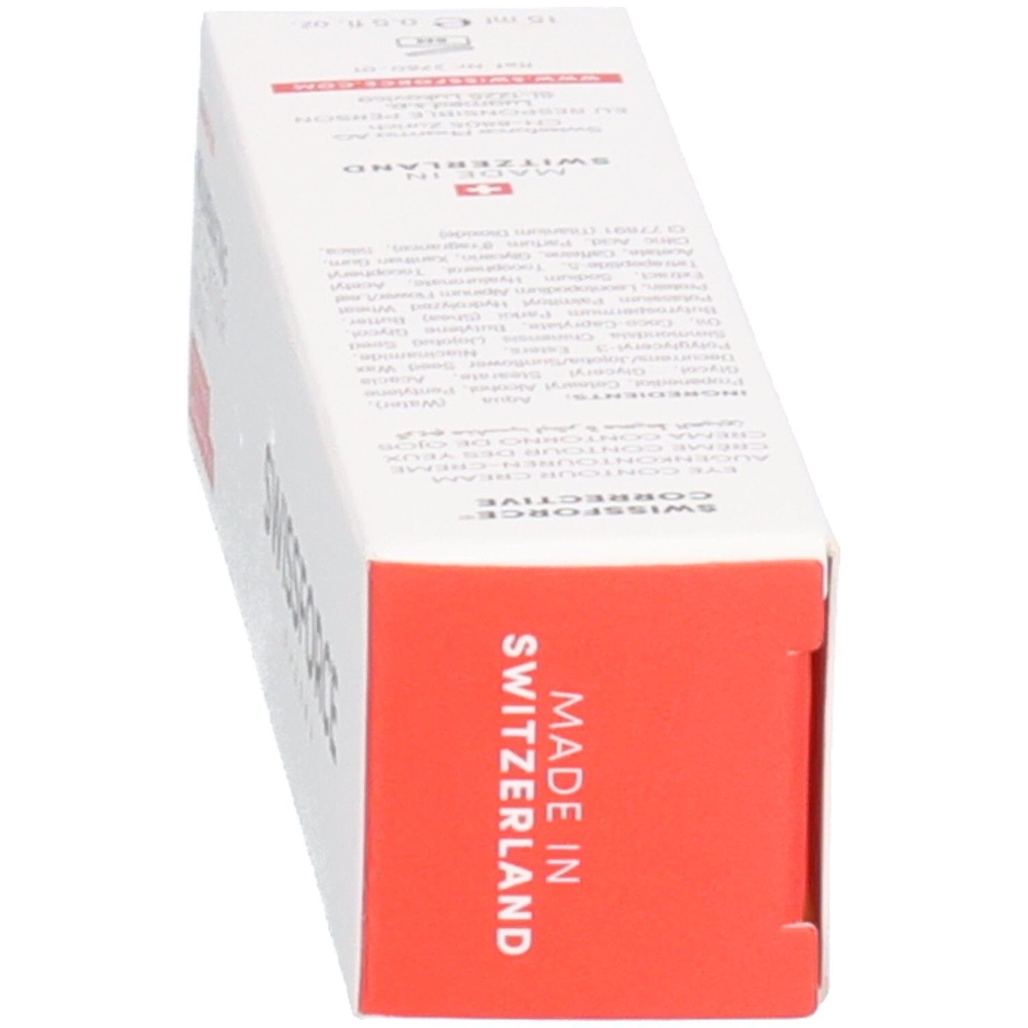 Doos met opschrift: SWISSFORCE. Rejuvenating Eye Contour Cream. Gemaakt in Zwitserland. 15 ml.